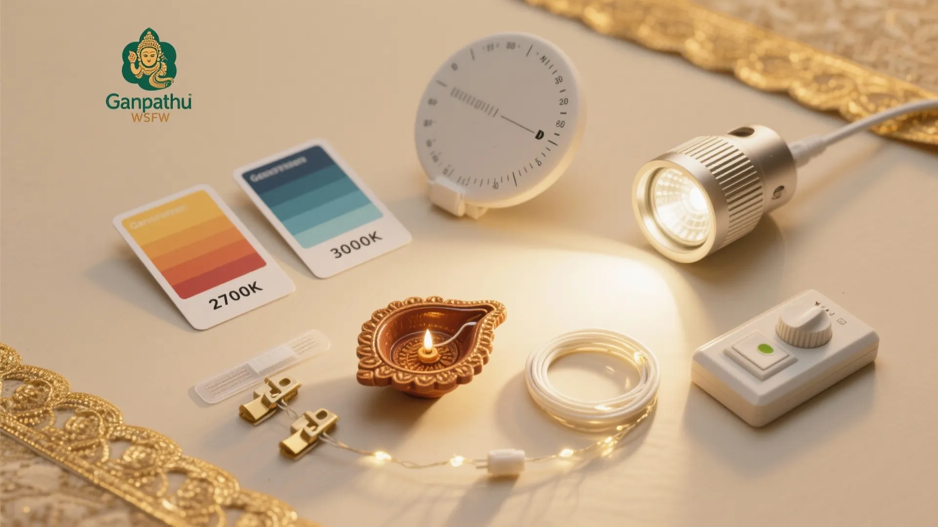 Collection of lighting tools color temperature cards a light fixture and a traditional oil lamp