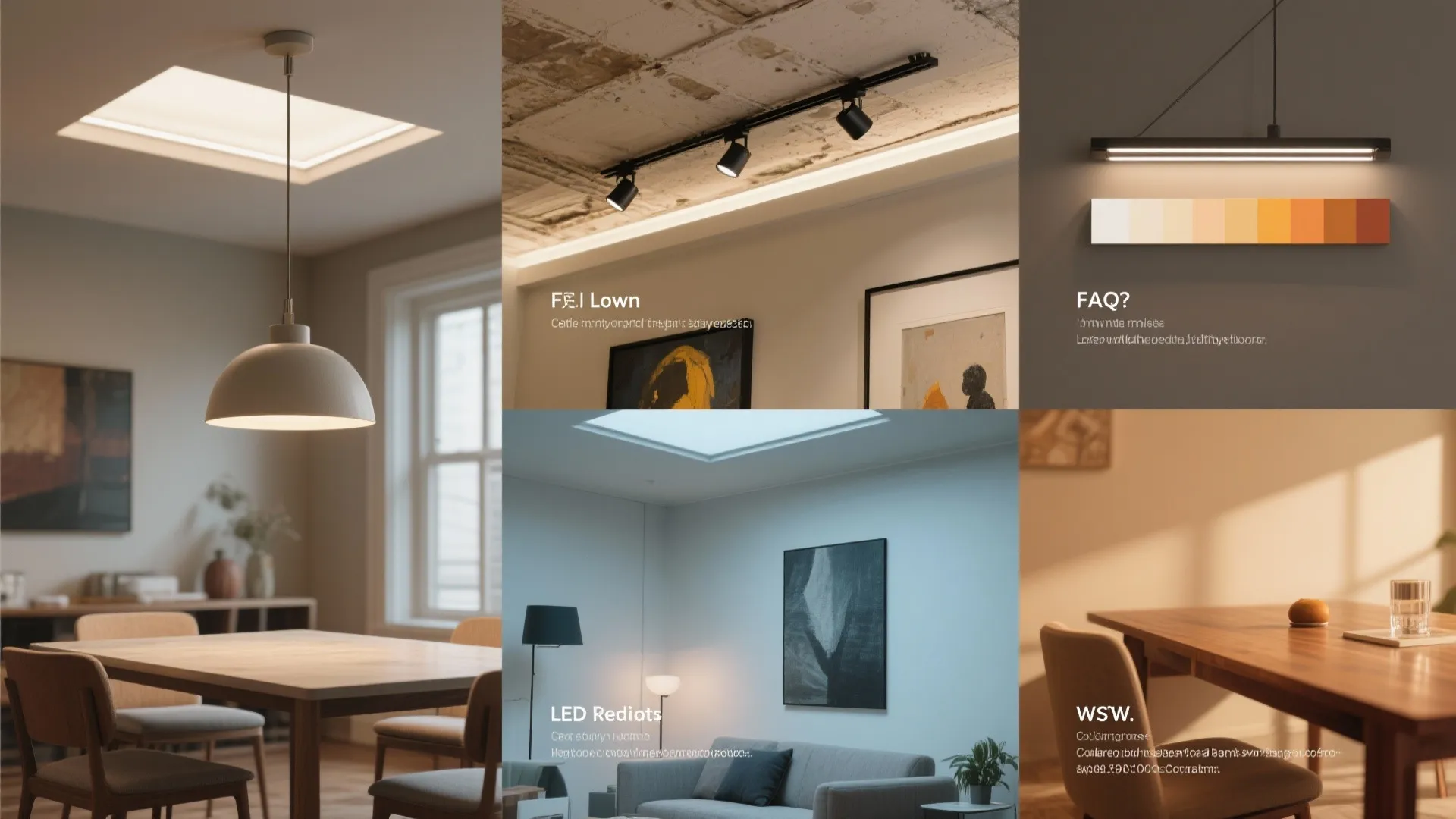 Collage of interior design drawing scenes showing various light fixture options for modern home room layouts