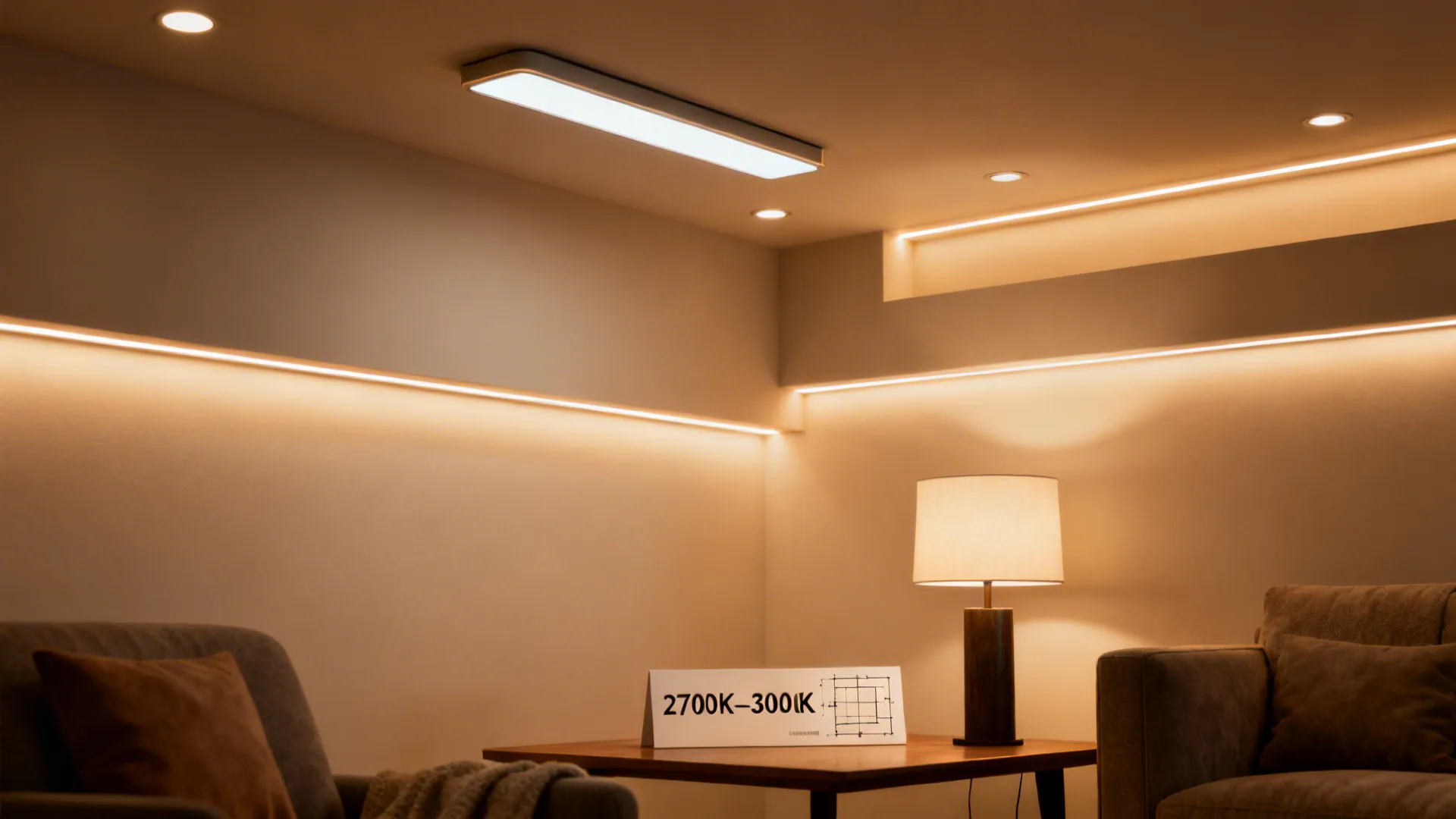 Corner of a small living room showing multiple layered lighting solutions and a lighting plan sketch