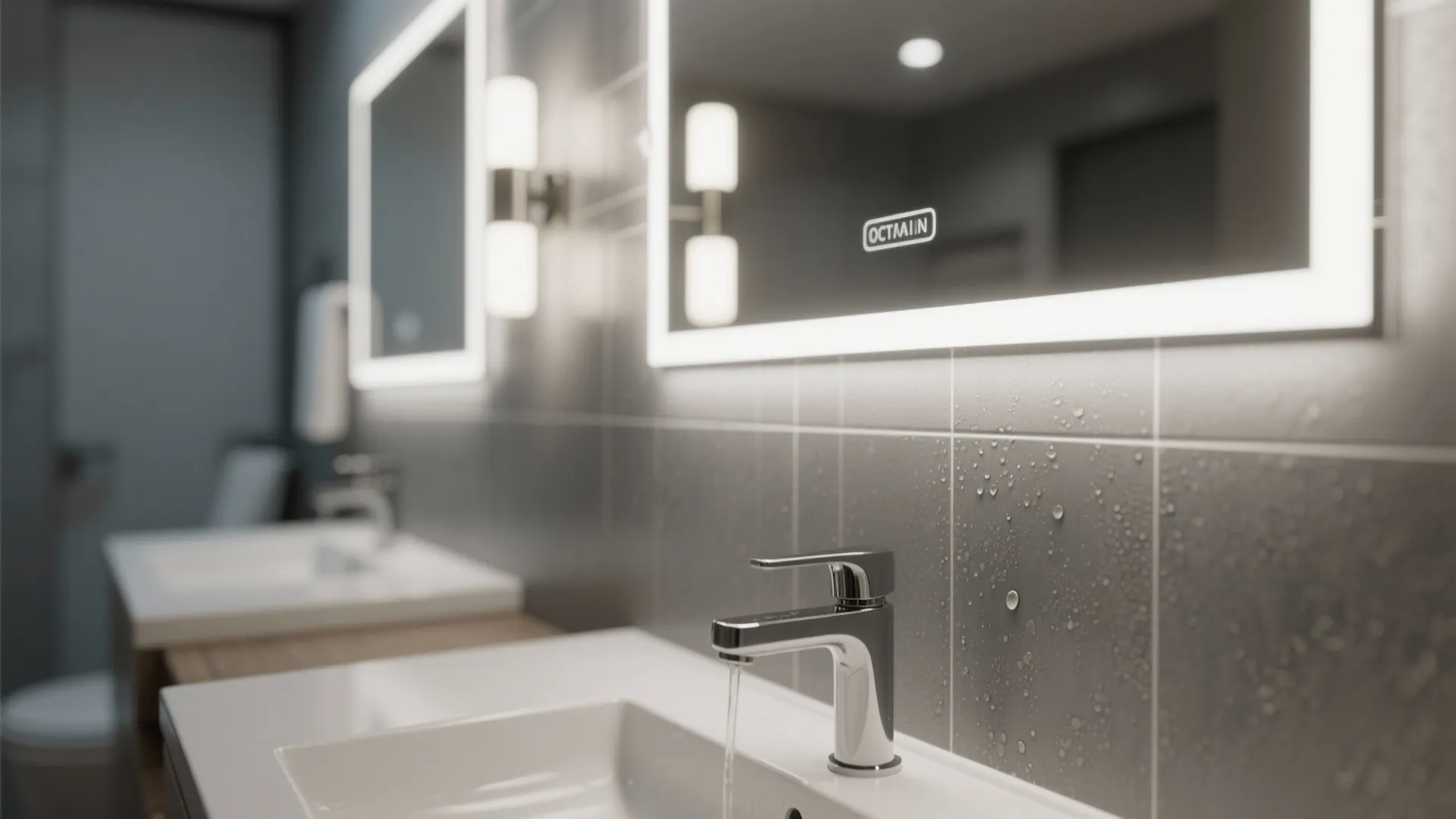 Close-up of layered bathroom lighting and matte grey tile with white grout detail.