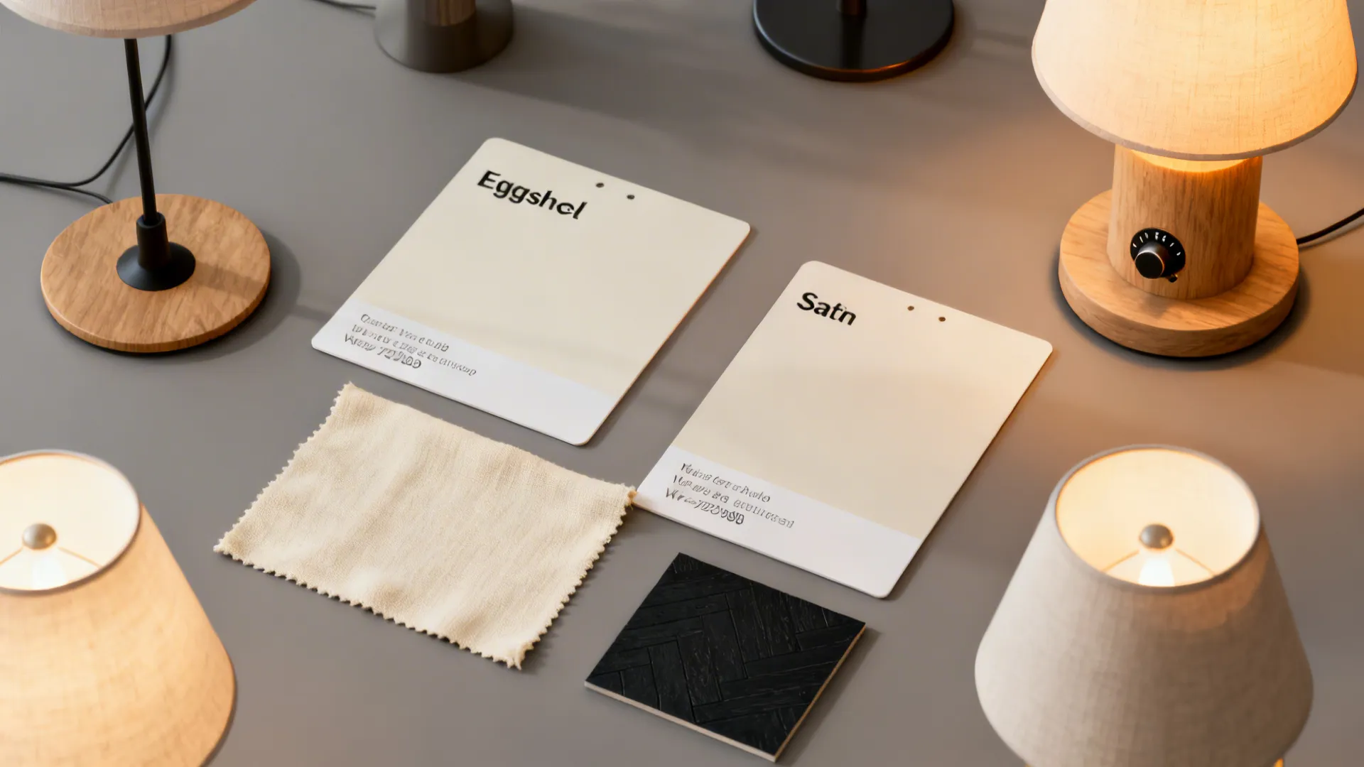 Paint finish samples and layered lighting examples for a grey, black and cream living room