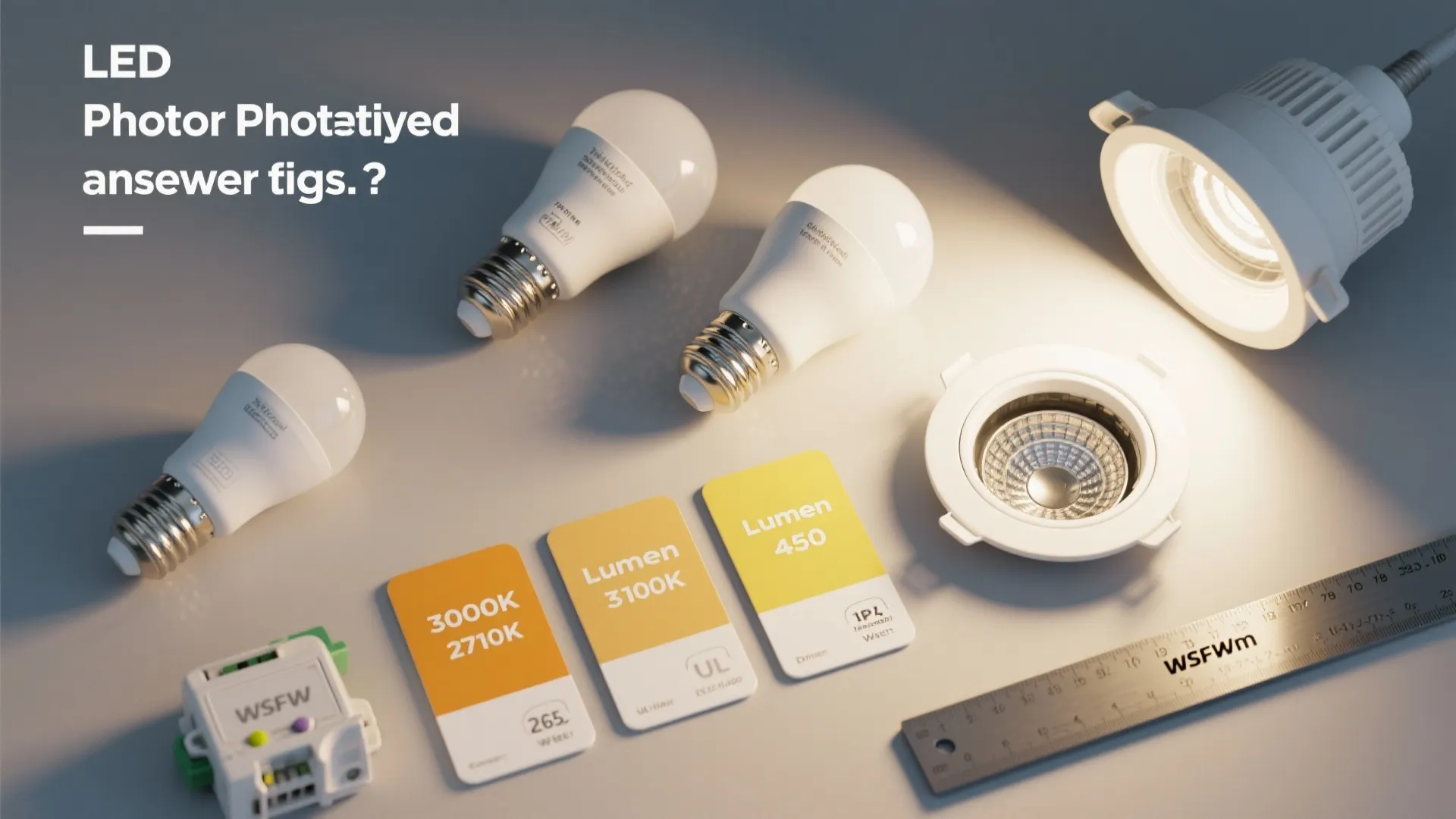 Different LED light bulbs and ceiling light fixtures with color temperature and lumen information cards