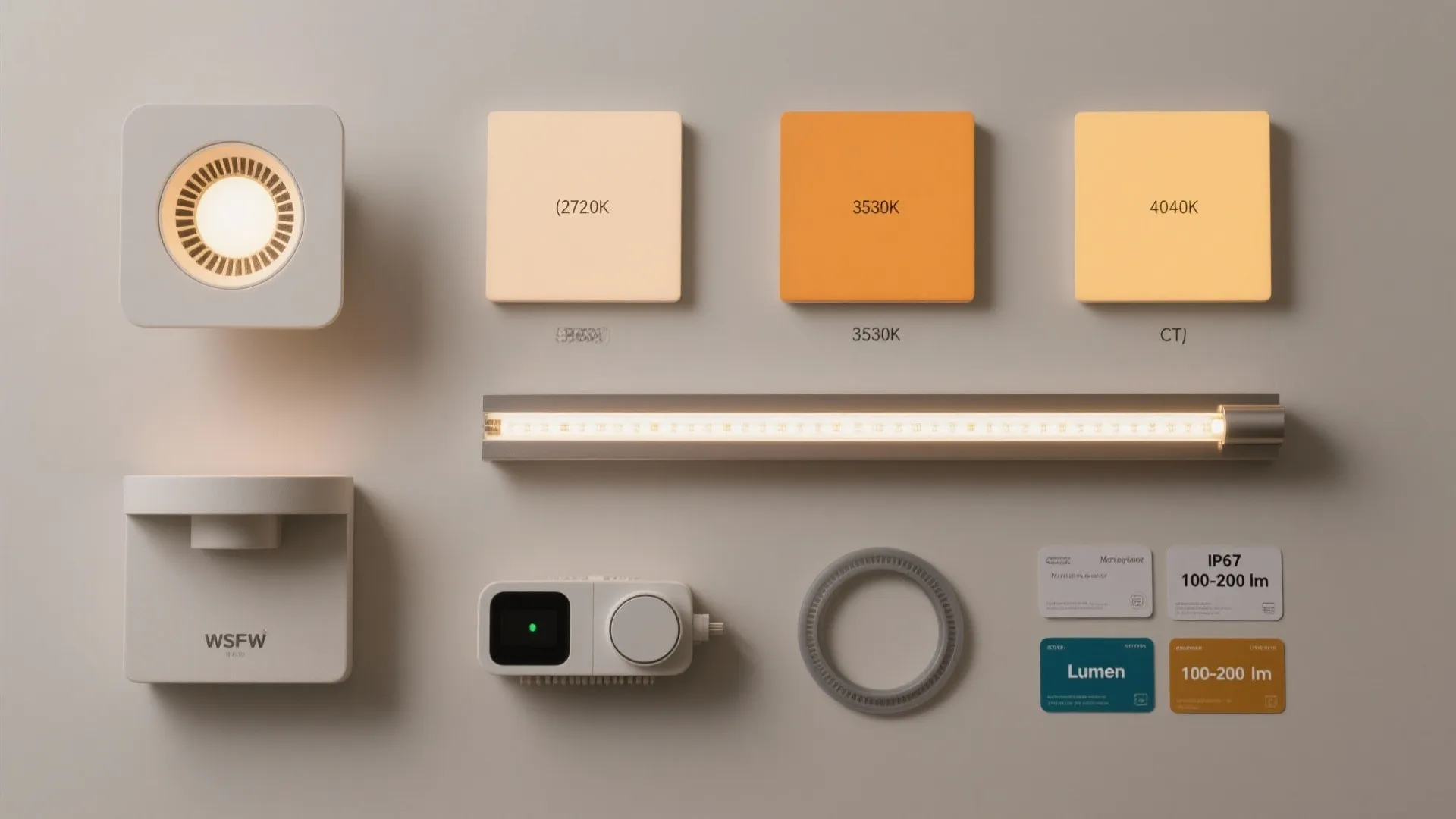 Collection of different light fixture components and color temperature samples shown on a beige background