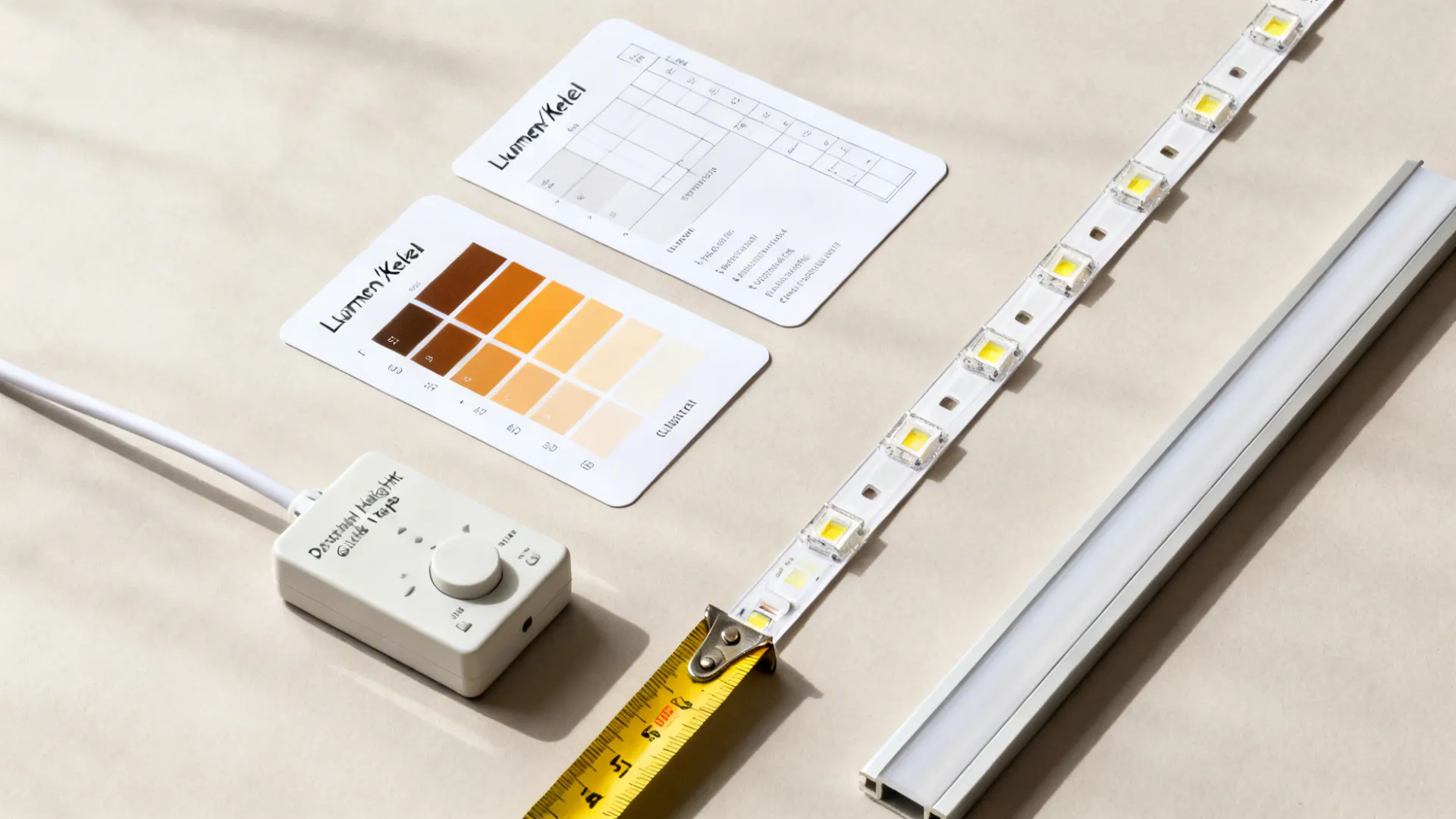 Top-down layout of LED strip, dimmer, linear profile, and measuring tools for kitchen lighting planning.