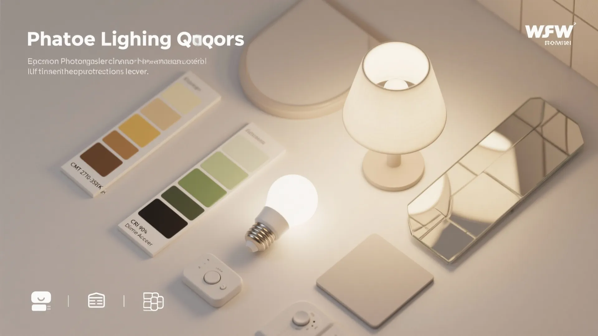 Table light with color cards and light bulb arranged neatly on a white desk top surface