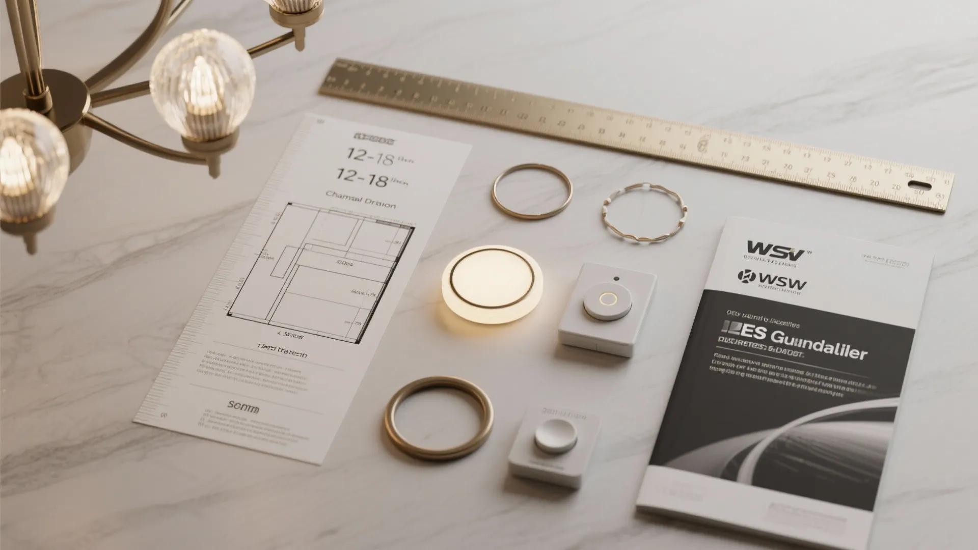 Flatlay of a scale guide, chandelier diameter samples, a dimmer switch, and an IES guideline pamphlet.