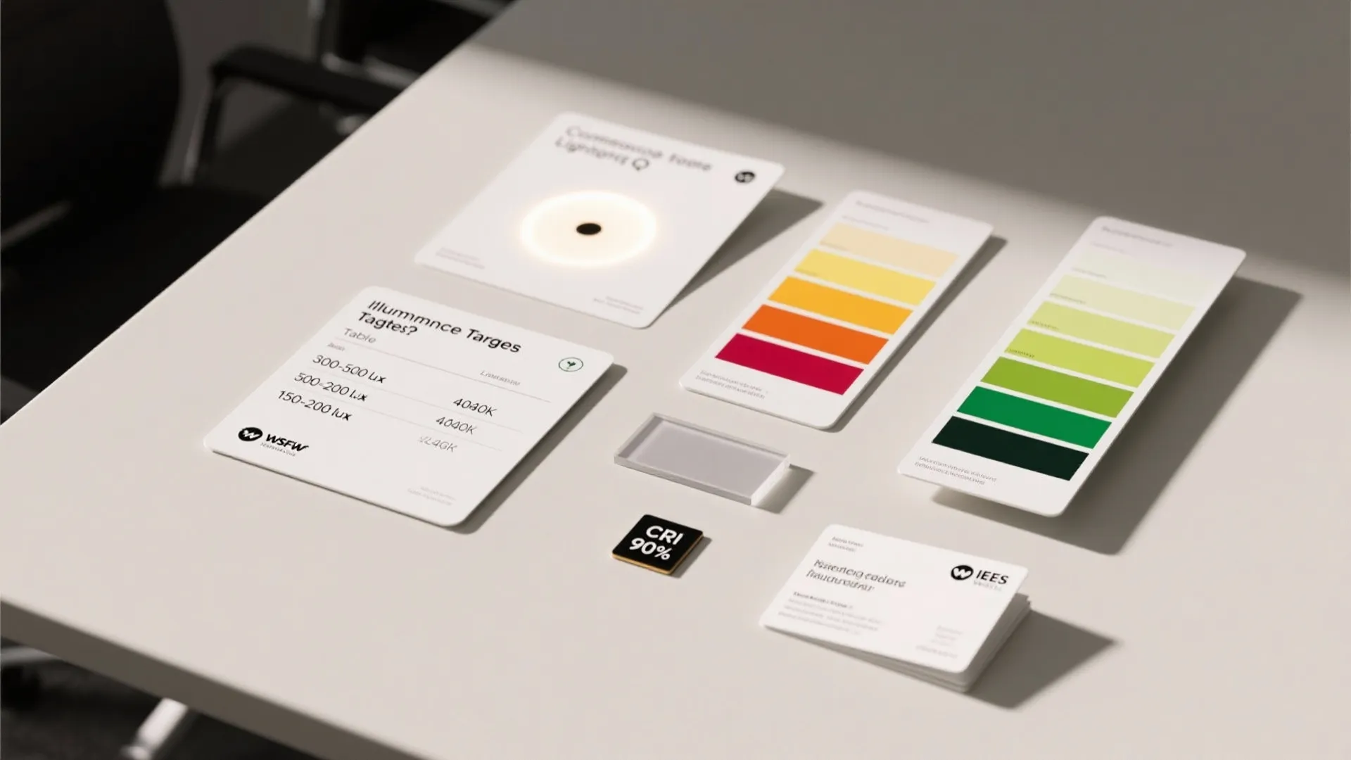 Interior design lighting plan documents with colorful color palettes and technical charts on white office desk