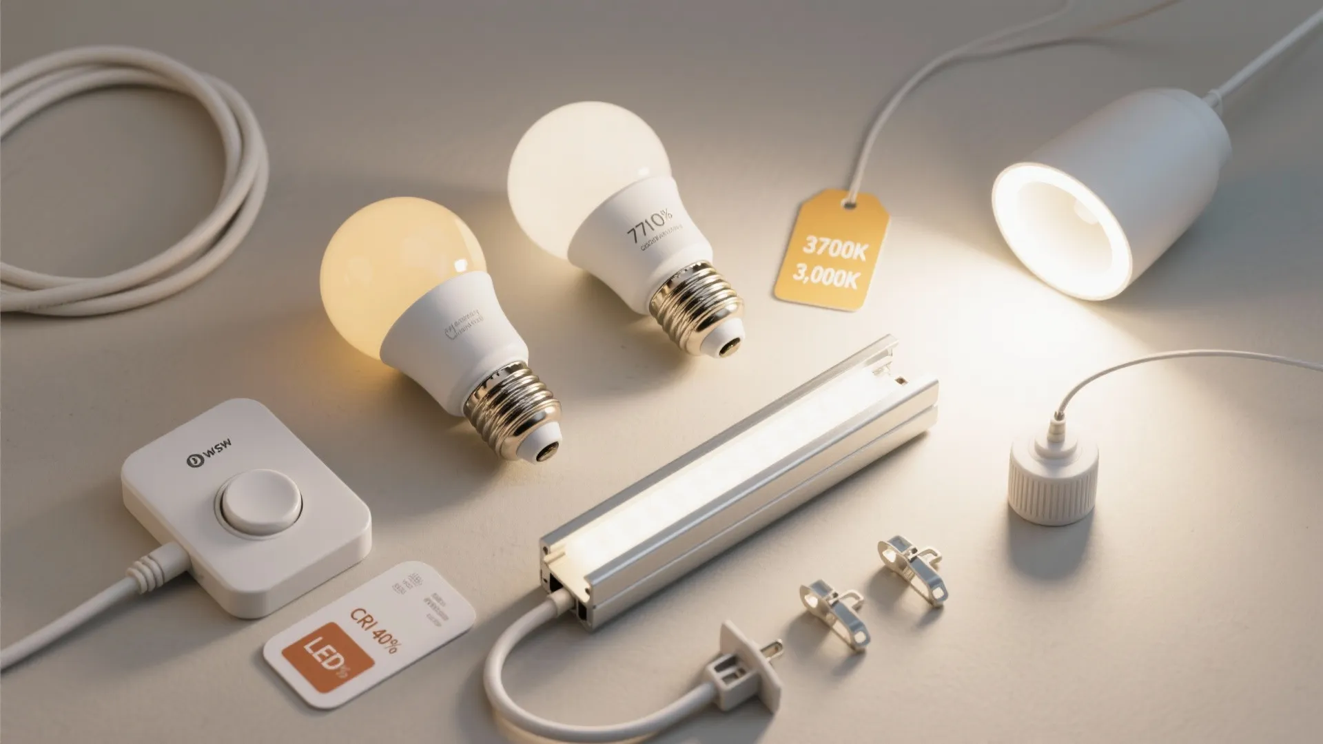 Flat lay showing various light bulbs led strips and a light fixture on a plain desk