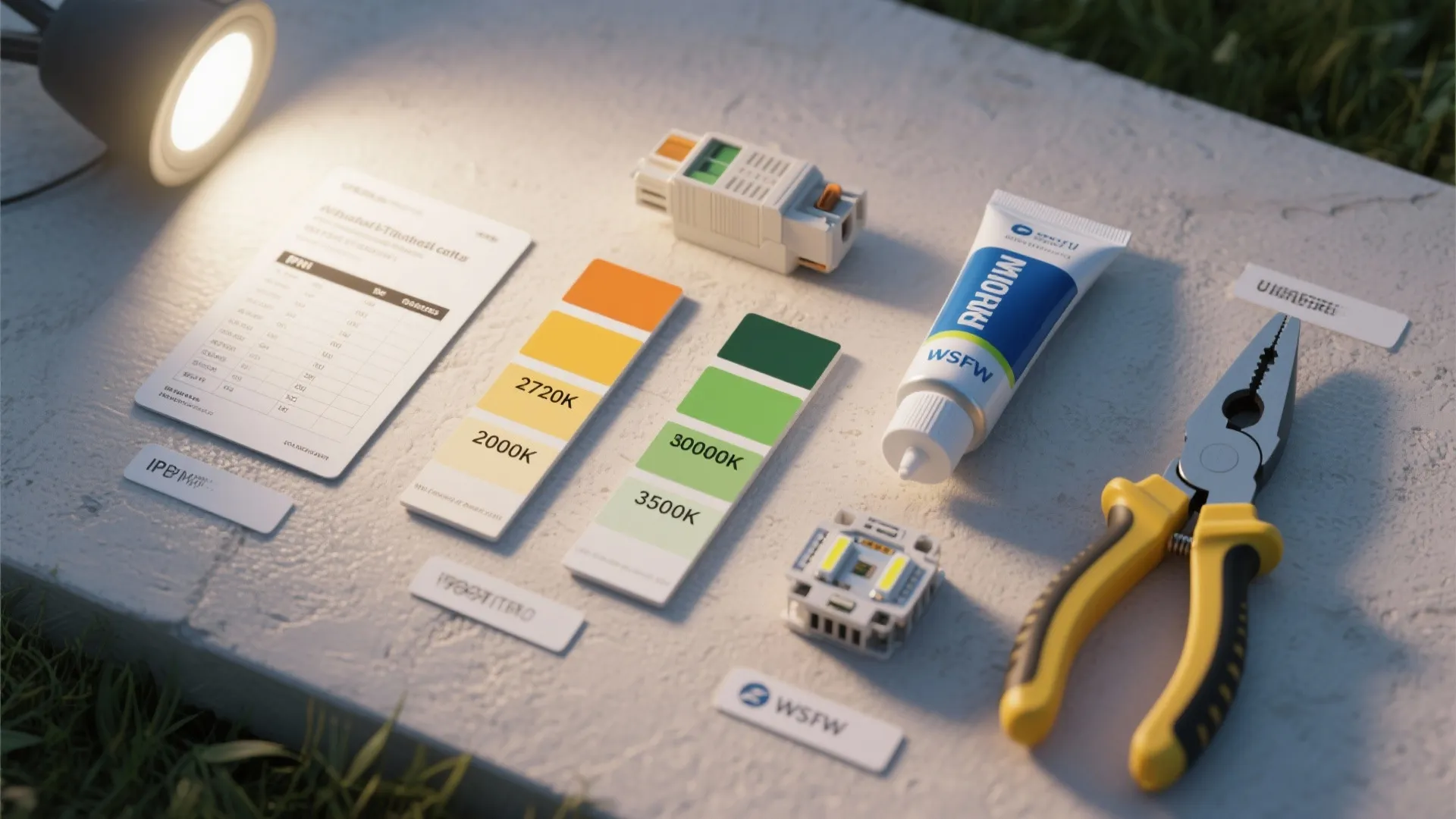 Flat lay of lighting color temperature swatches with pliers and small light components on concrete