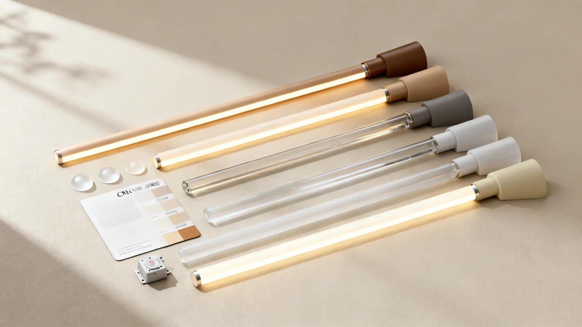 Flatlay of LED color samples, pendant finishes, diffusers, CRI card style, and a small motion sensor.