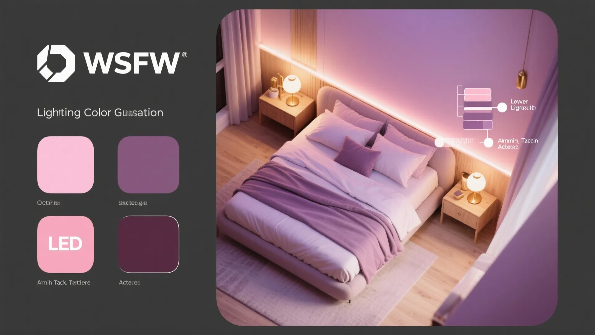 Infographic showing purple bedroom lighting options with color palette squares and a 3D room view