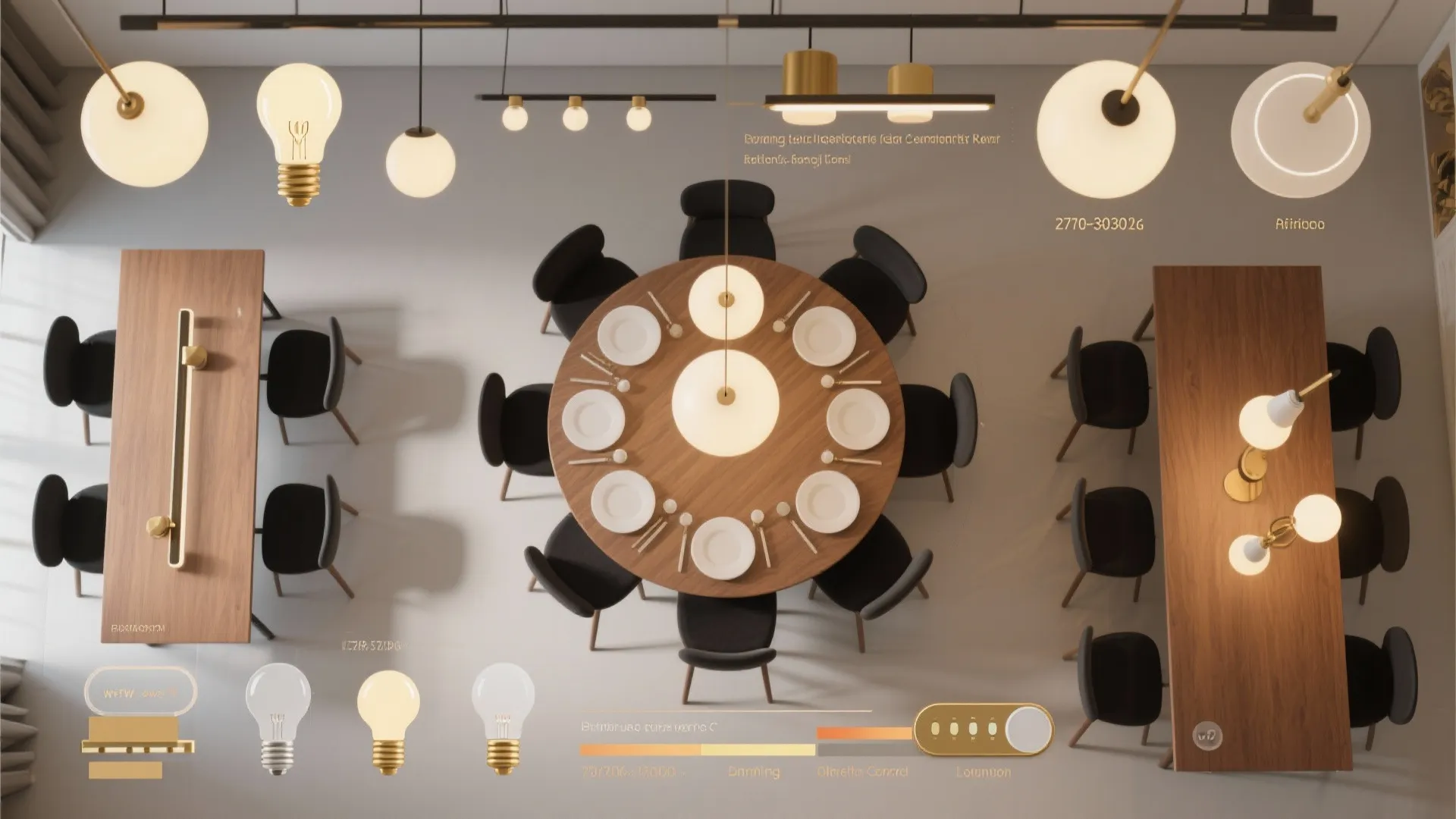 Top view diagram showing dining tables and various light bulb styles for interior lighting design