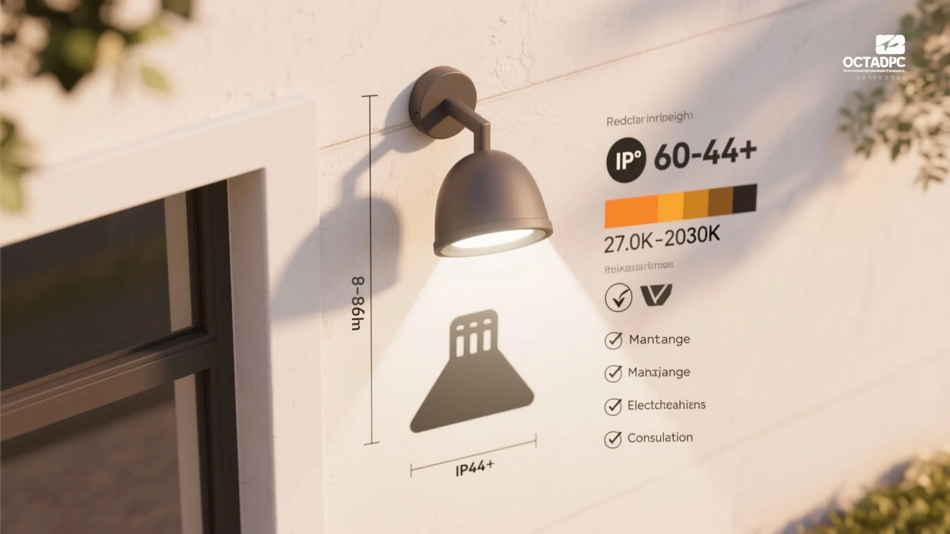 Modern gray wall light mounted on white exterior wall showing technical features and light beam effect