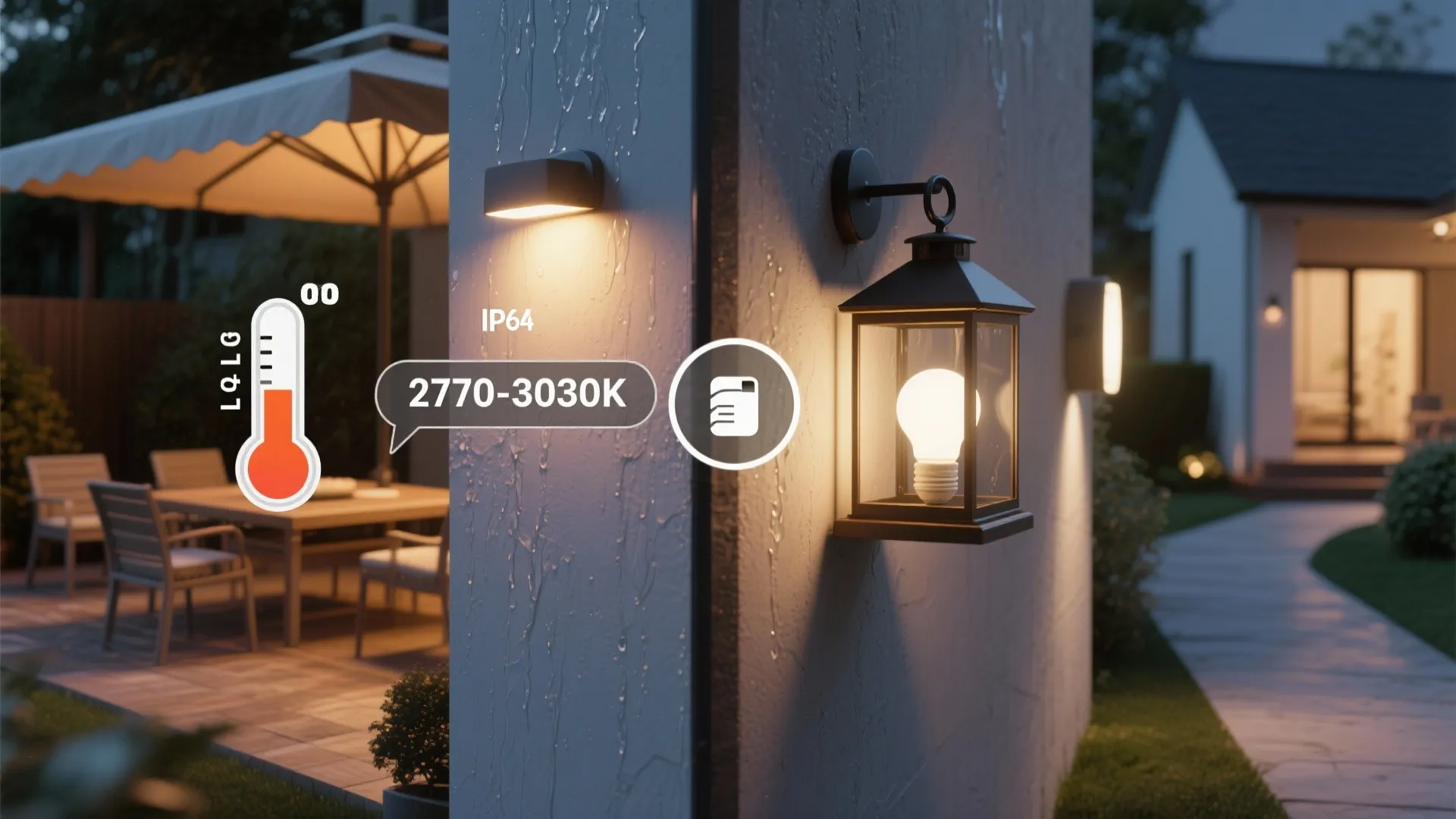 Infographic showing outdoor wall light technical details with temperature and water resistance icons for patios