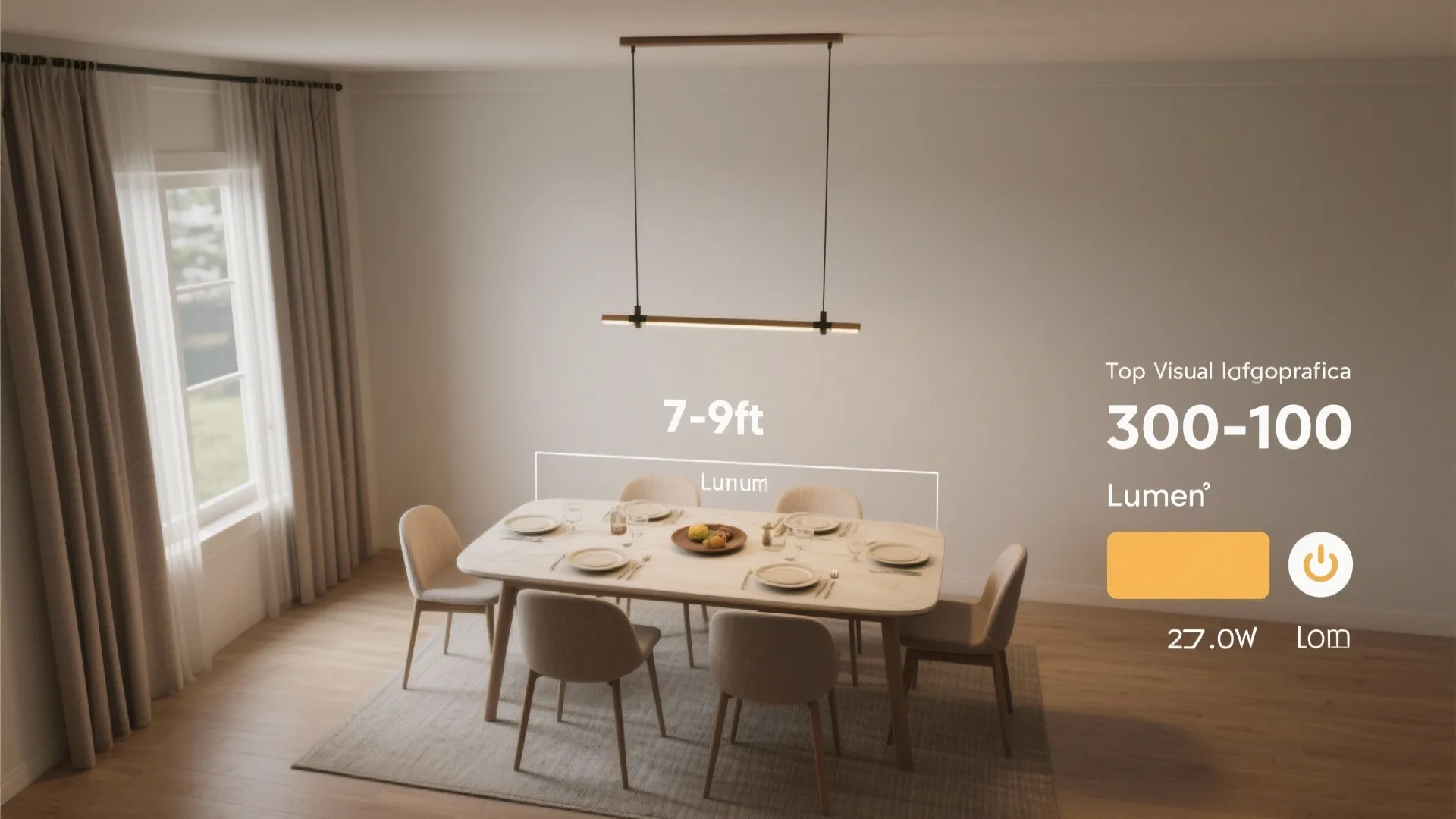 Infographic showing dining table height and brightness settings for a thin black linear light fixture