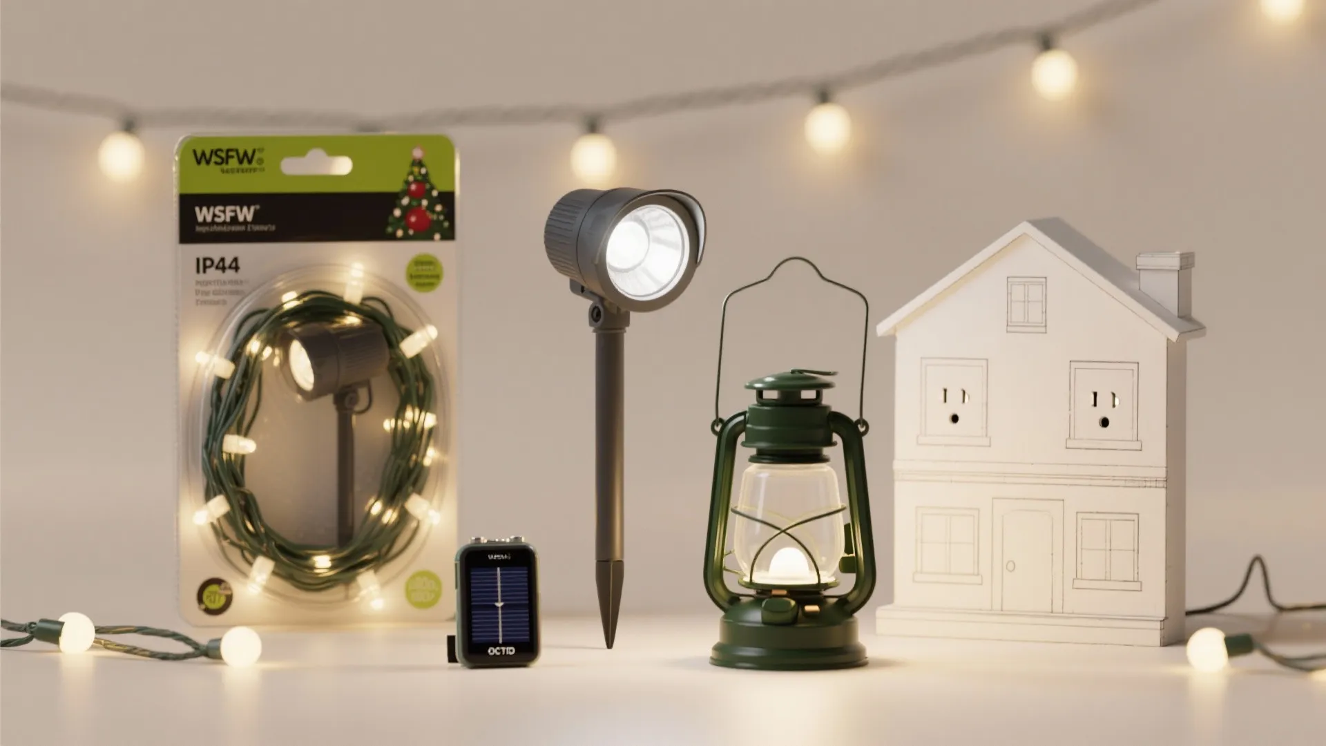 Holiday lighting products featuring a string light package garden ground light green lantern and house model