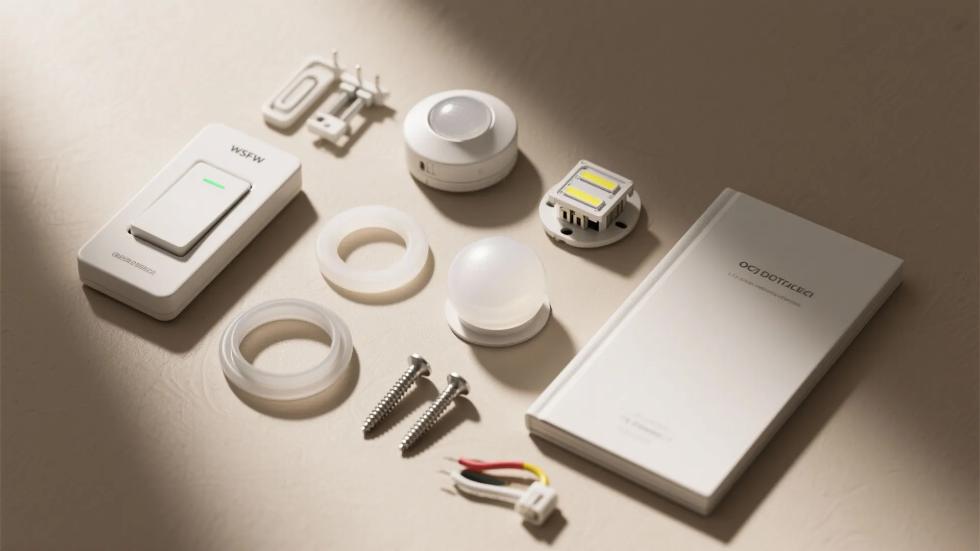 Smart light fixture installation kit including switch sensor screws manual and small white electrical parts