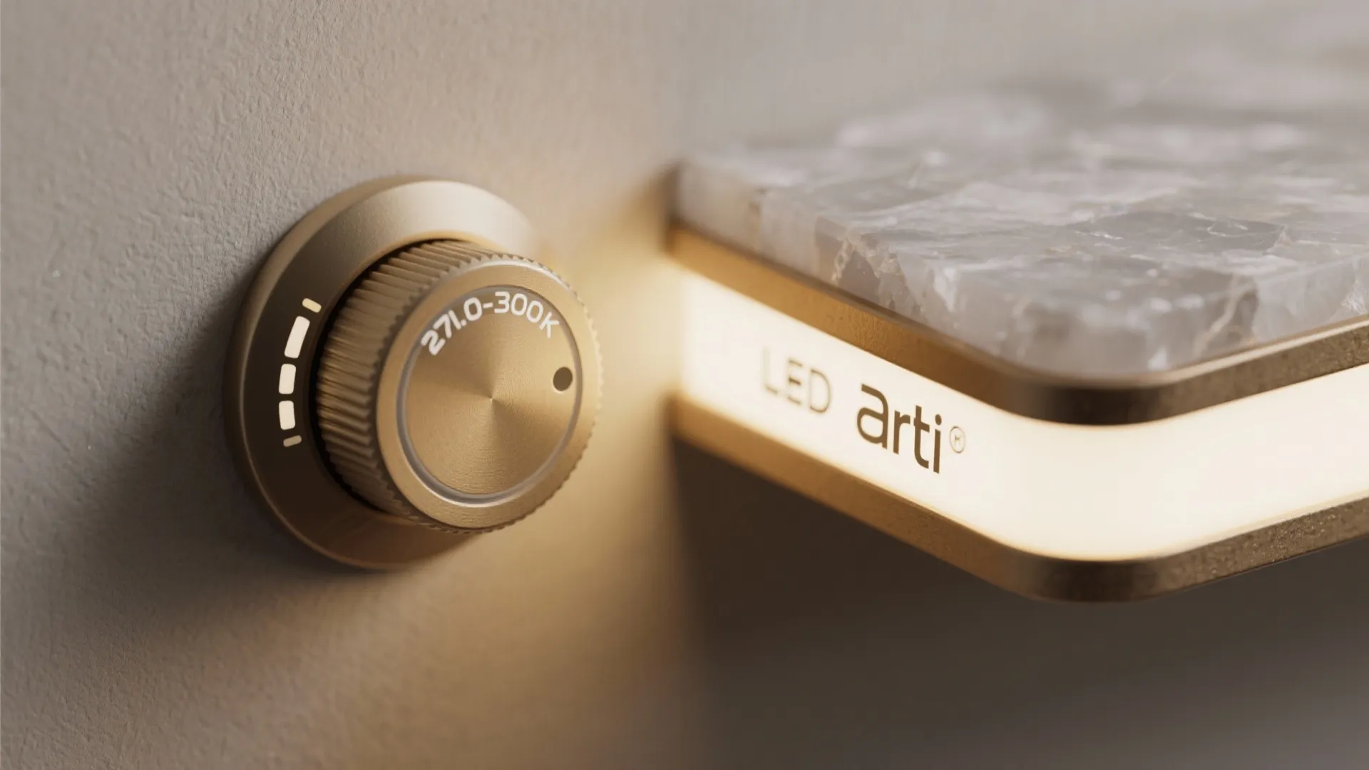 Close up view of a round wall light switch with glowing warm yellow light fixture