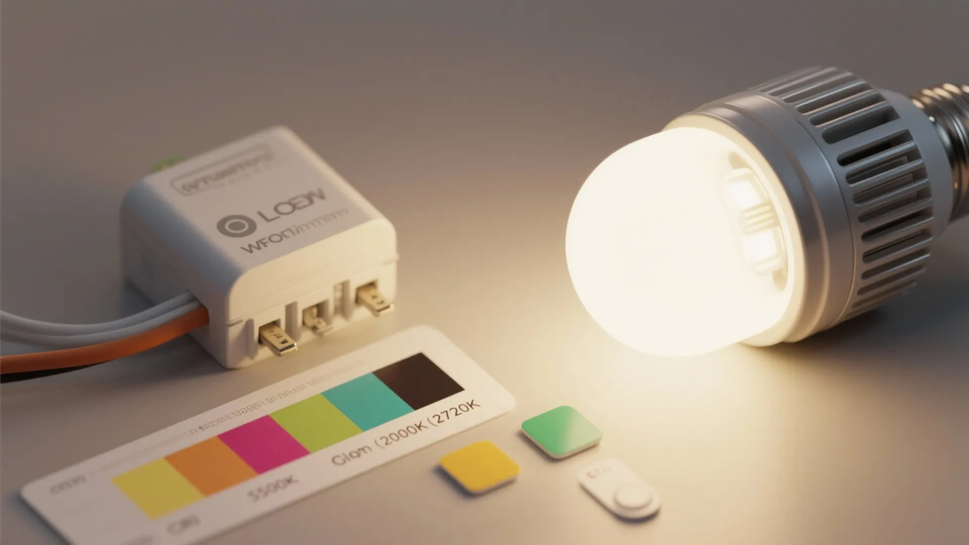 Glowing light bulb next to a color temperature control tool and smart home light switch