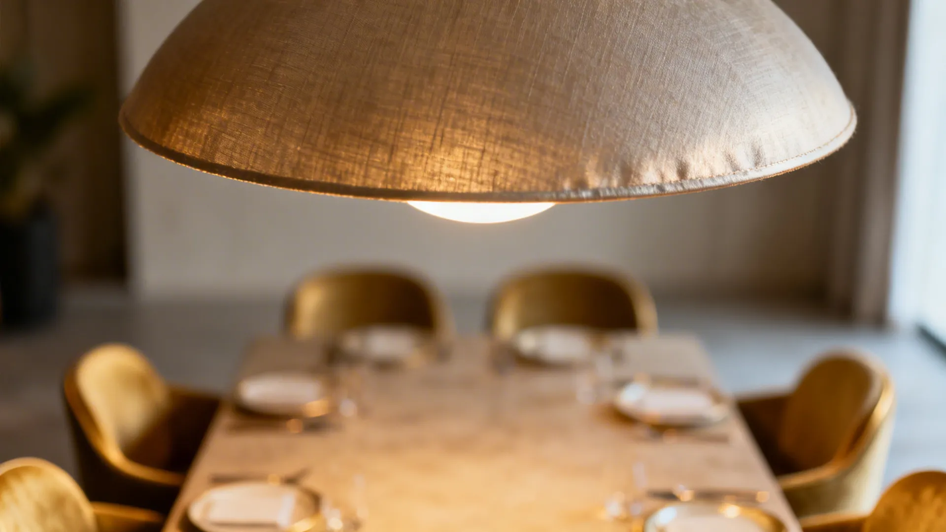 Macro of warm pendant light over a dining table for six with rounded table edge.