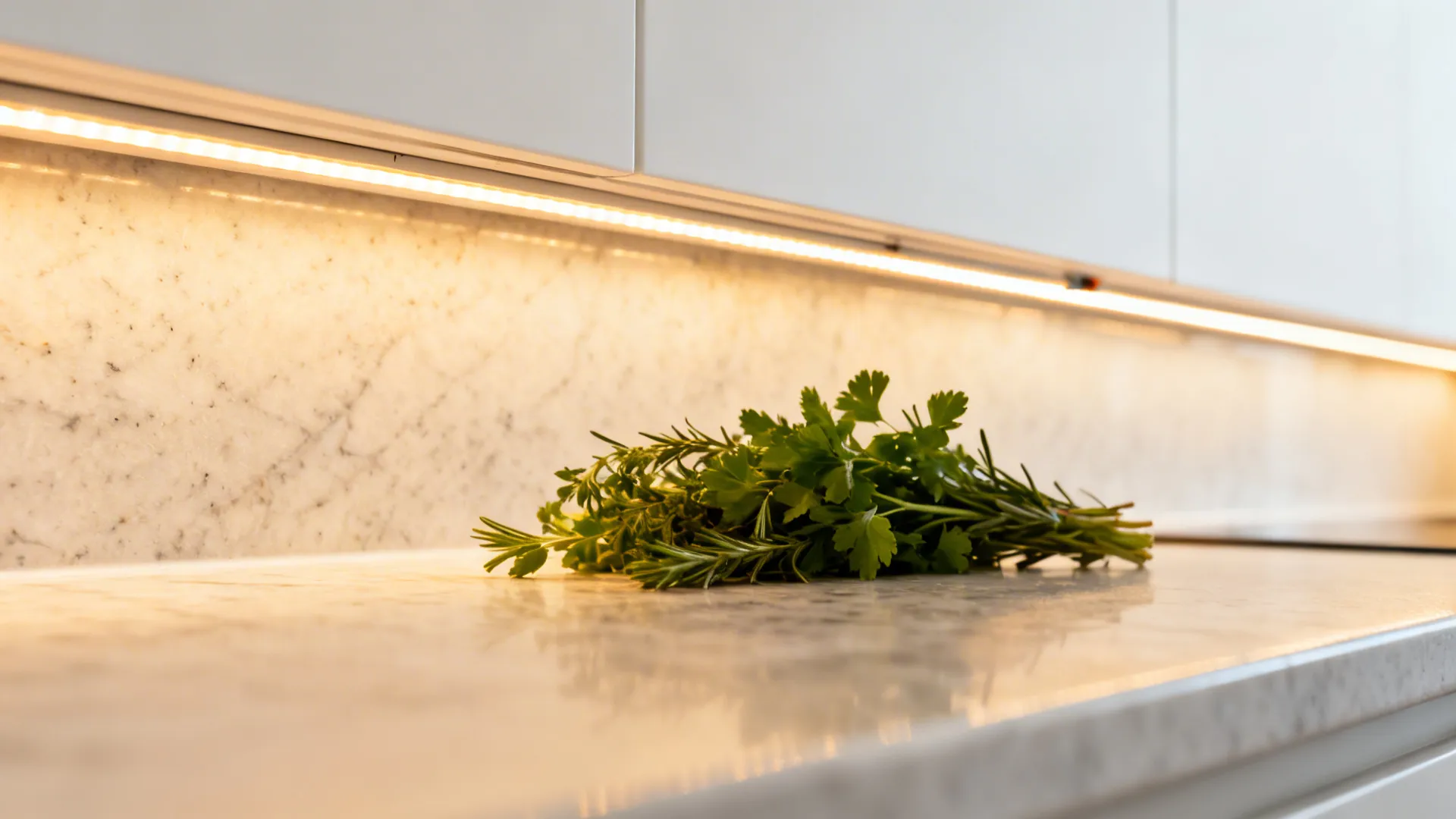Macro of a warm LED strip lighting a quartz backsplash with fresh herbs showing accurate color.