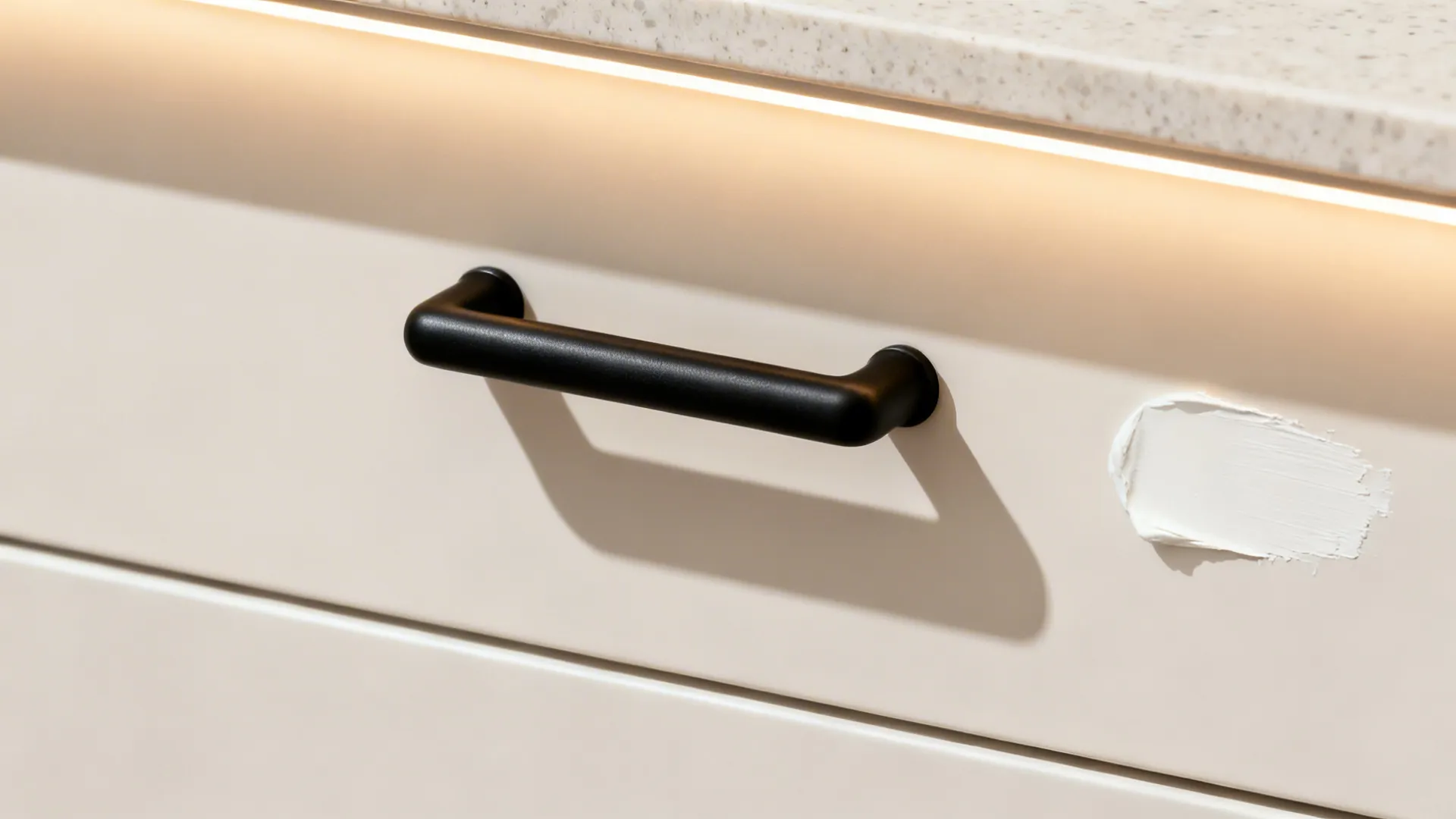 Macro of warm under-cabinet LED lighting on pale quartz with a matte black pull and a soft white paint chip.