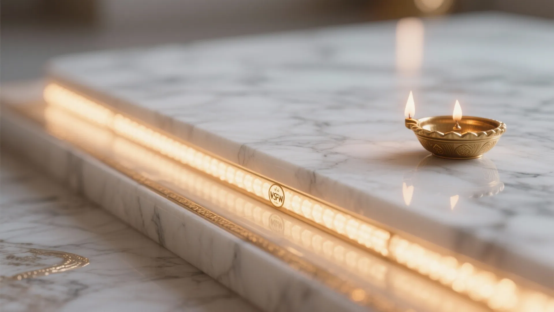 Macro of satin white marble under warm LED light with a brass diya edge.