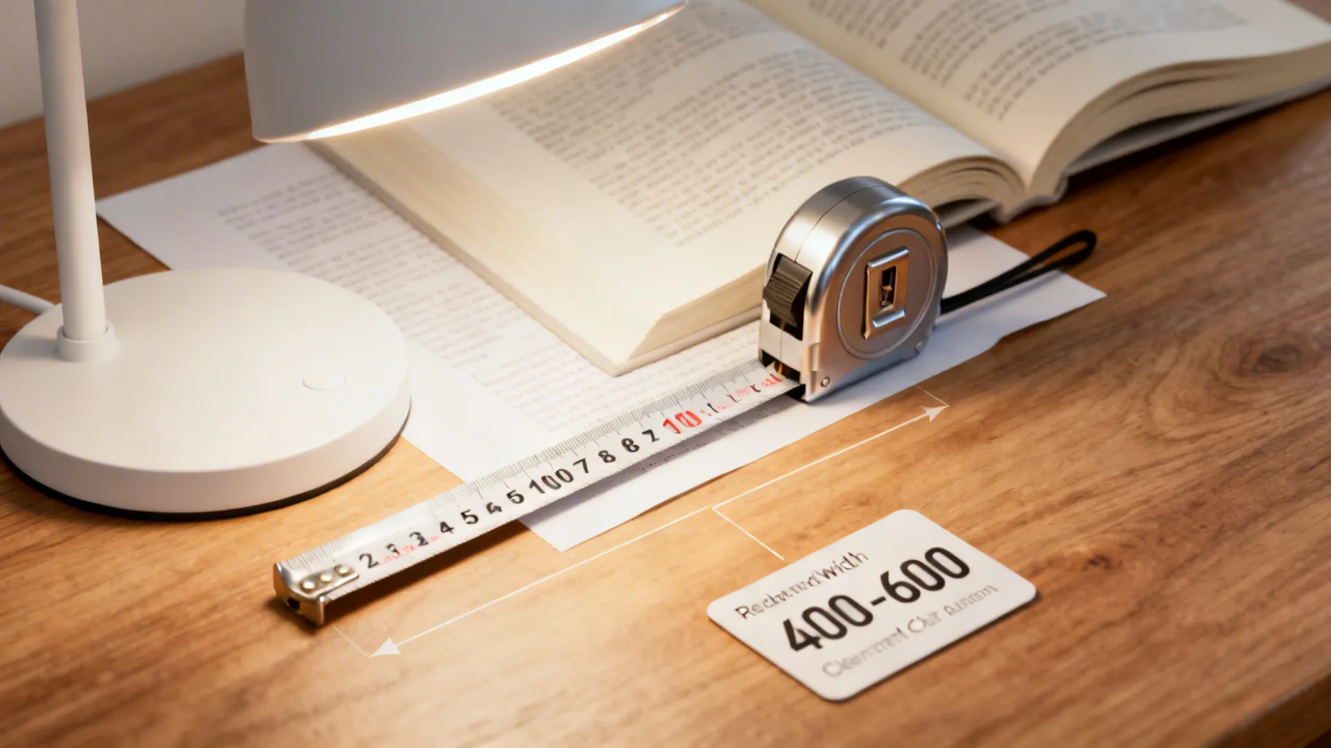 Close-up of a task lamp lighting a book with a tape measure showing recommended chair width and lumens note.