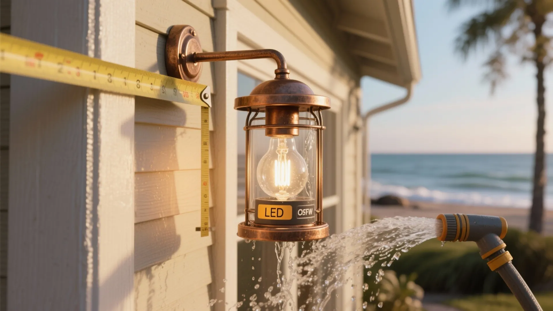 Outdoor wall light being sprayed with water from a garden hose next to a ruler