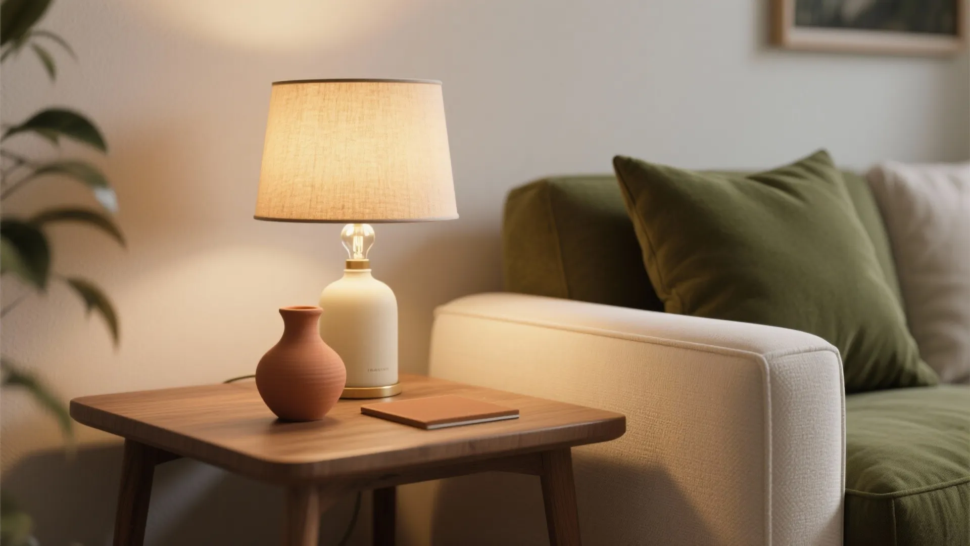 Warm table lamp and small clay vase on a wooden side table next to sofa