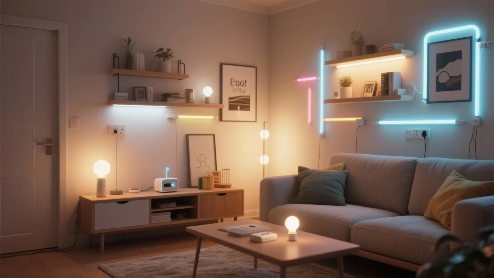 Small living room showing warm ambient bulbs, dimmed neon accents, and smart lighting prototypes illustrating FAQ recommendations.