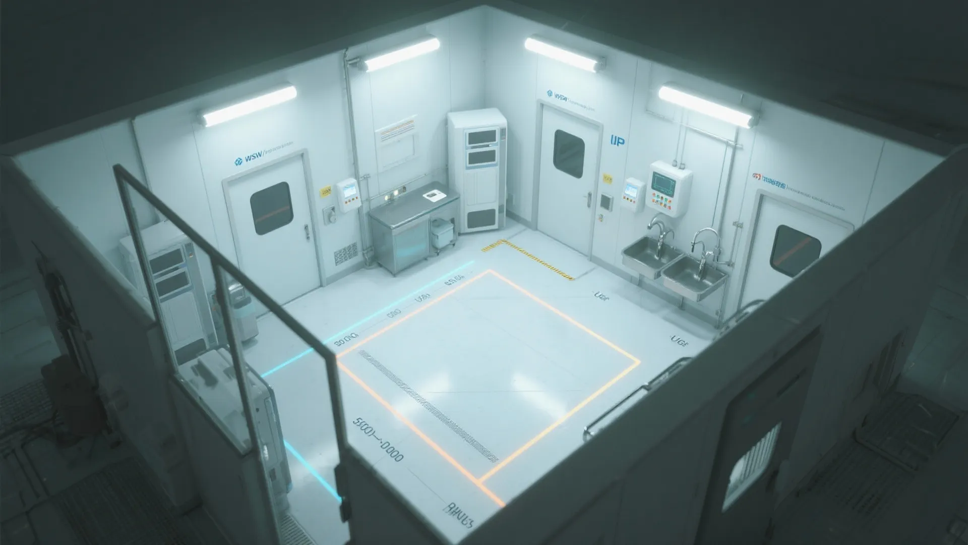Top-down clean room overview showing lux targets, tunable CCT, low-UGR areas, and IP zones.