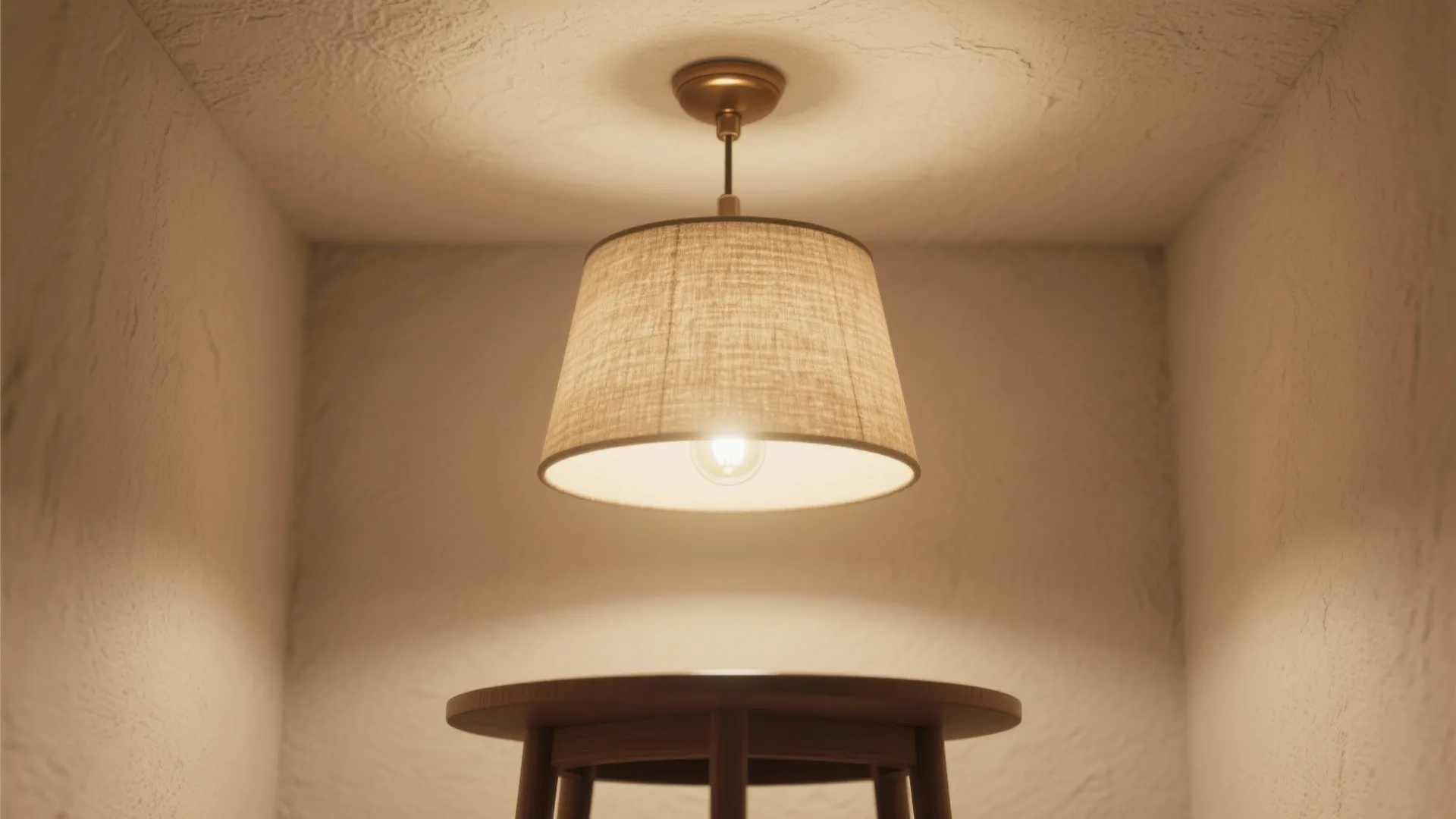 Warm ceiling light with fabric shade hanging above a round wooden table inside a room