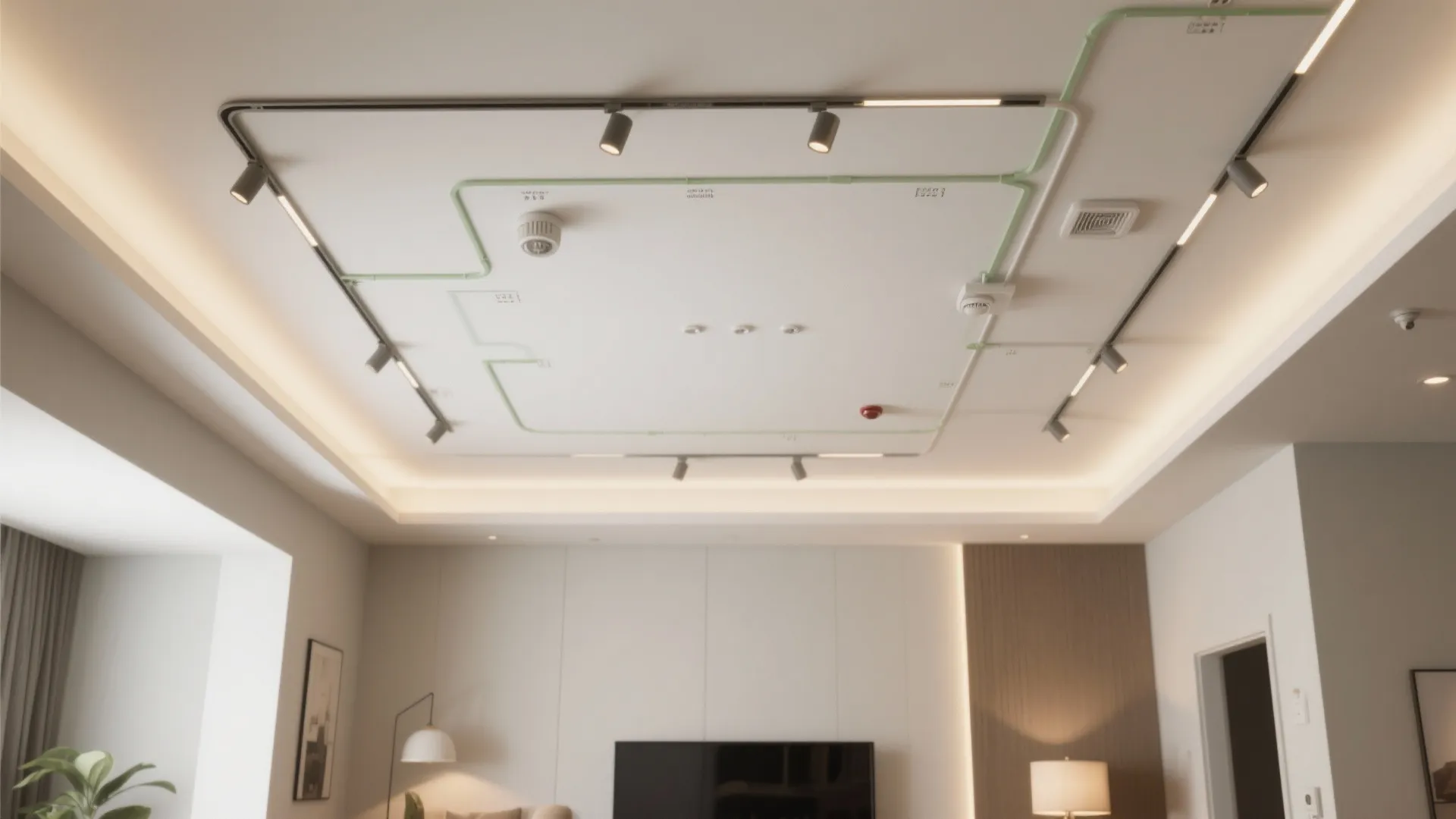 Living room ceiling showing light fixture layout with track lights and small green wire design lines