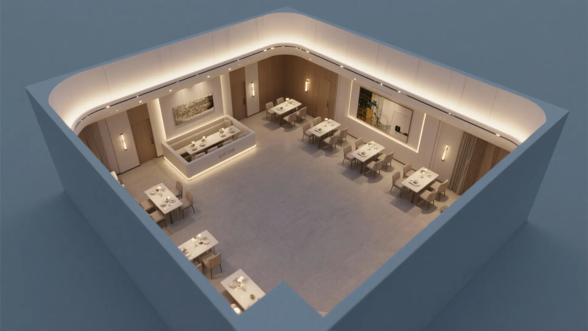 Interior design drawing of a restaurant room layout with multiple dining tables and wall lights