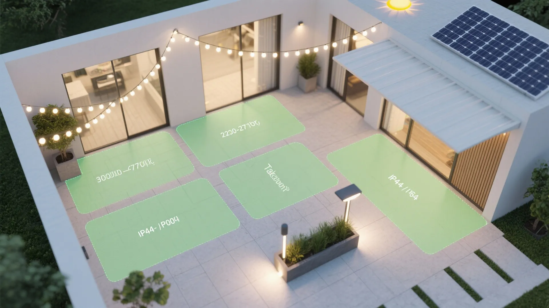 Modern outdoor patio design with string lights and green highlighted areas showing a lighting plan