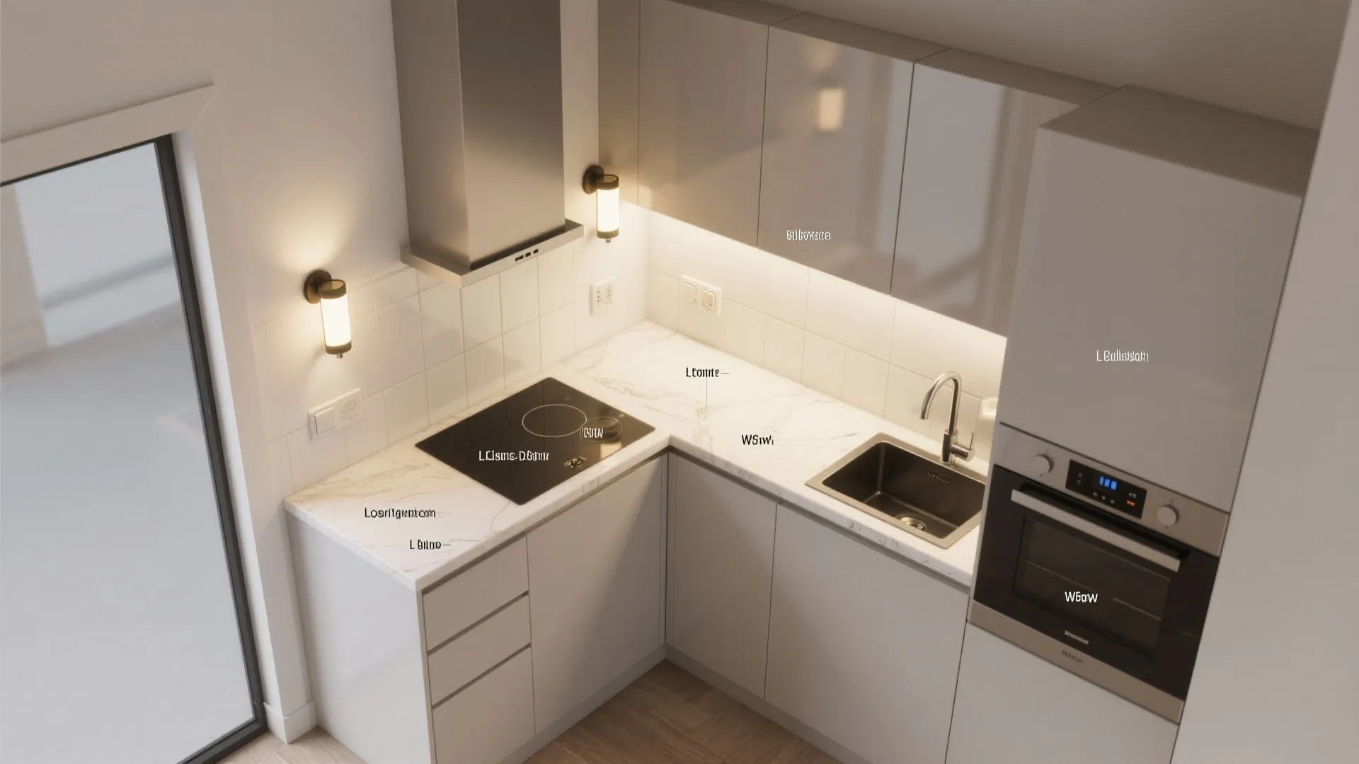 Interior design drawing of a modern L-shaped kitchen showing lighting layout with wall light fixtures