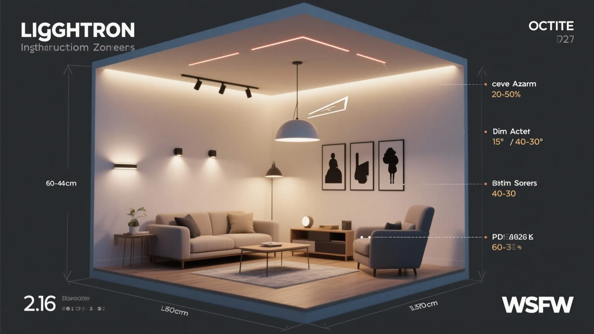 Top-down layout showing layered lighting zones, beam angles, color temperature, and fixture spacing.
