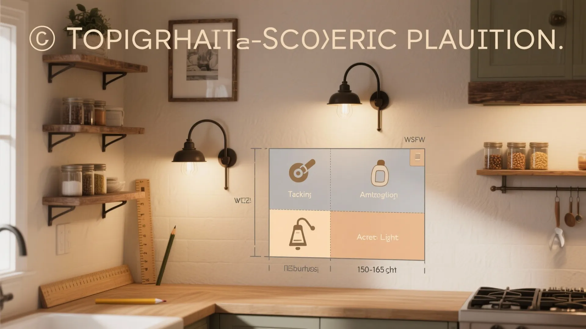 Kitchen wall lighting plan infographic showing height measurements and black wall light fixtures over countertop