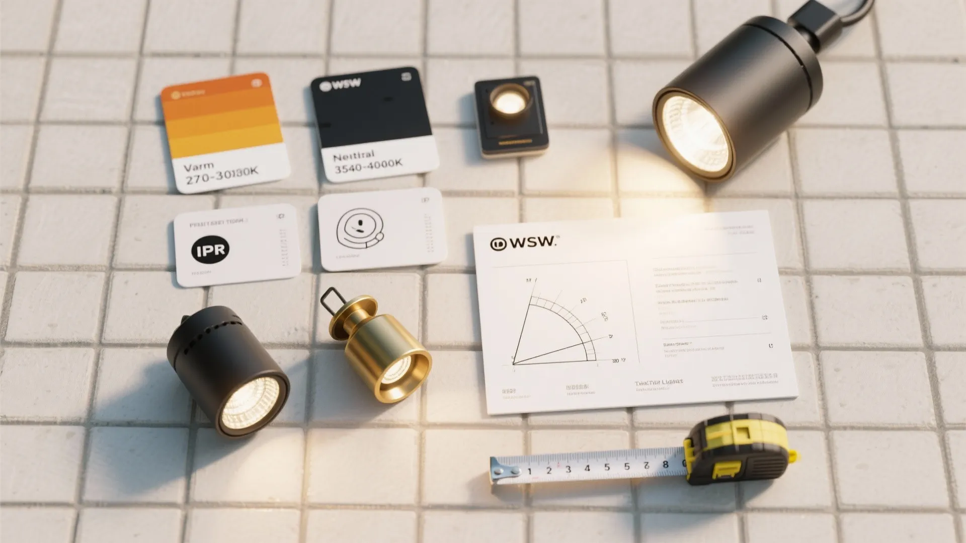 Light fixtures and measuring tape with color swatches plus design documents on a tiled floor