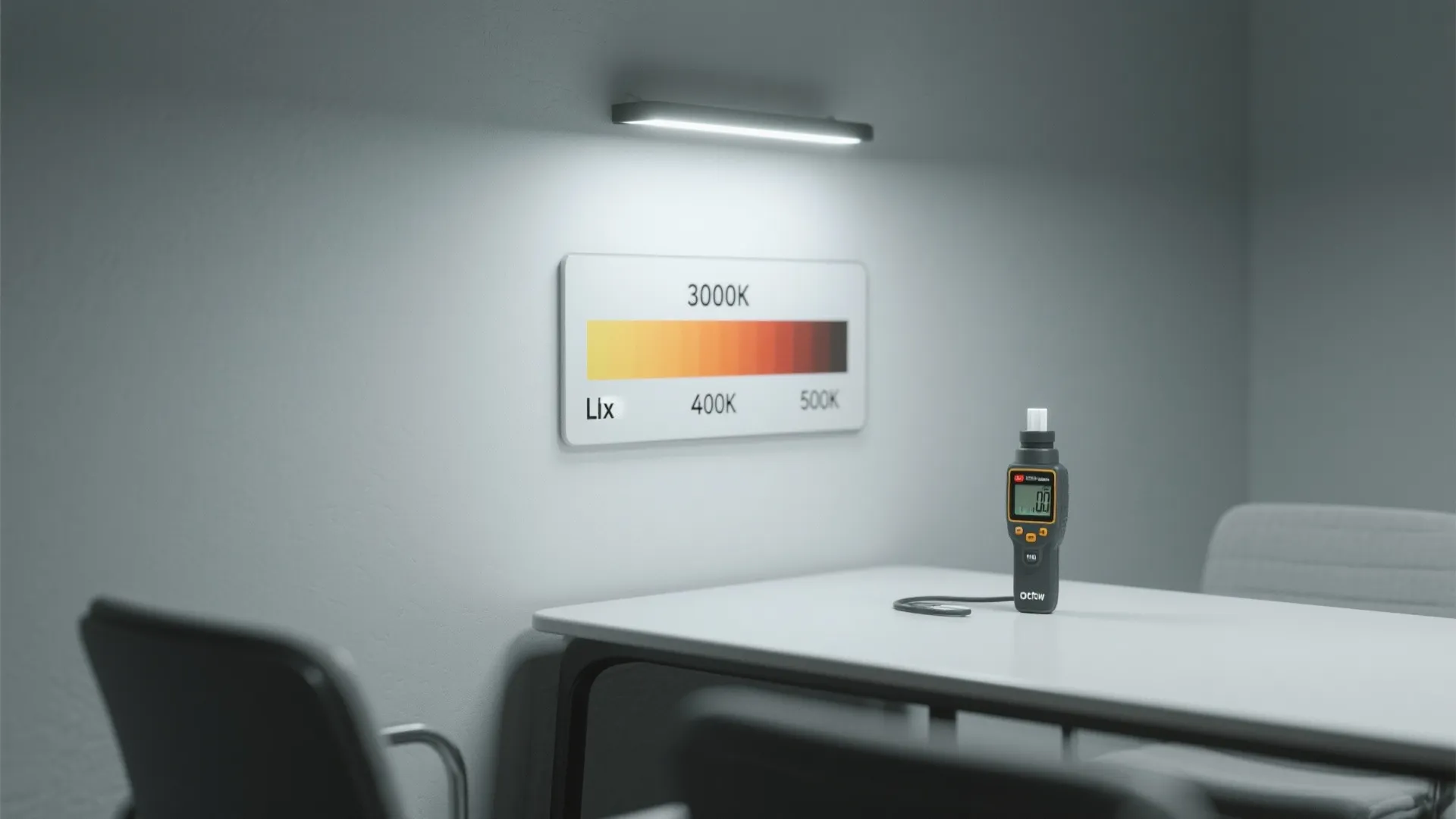 Corner of a meeting room showing color temperature samples and a lux meter indicating recommended illuminance.