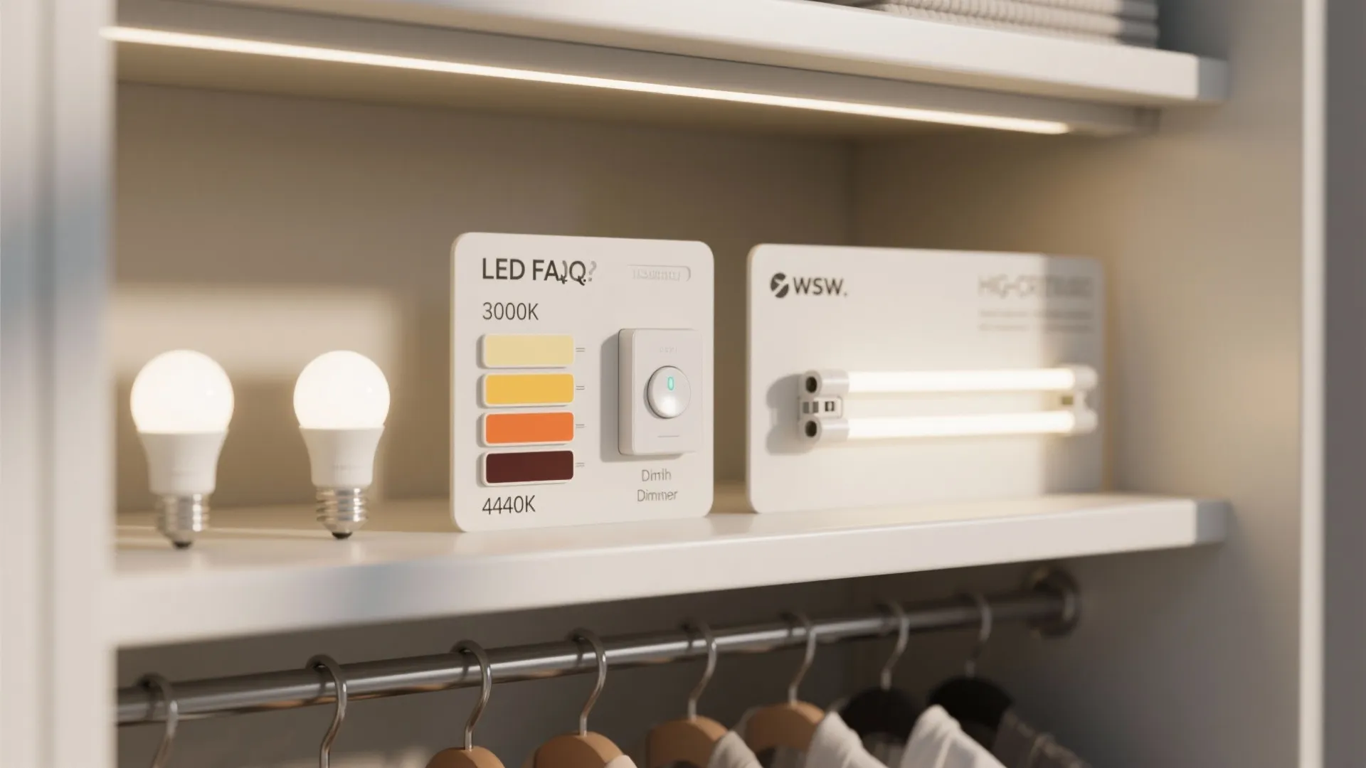 Shelving display with light bulbs and color temperature charts showing different warm and cool light tones