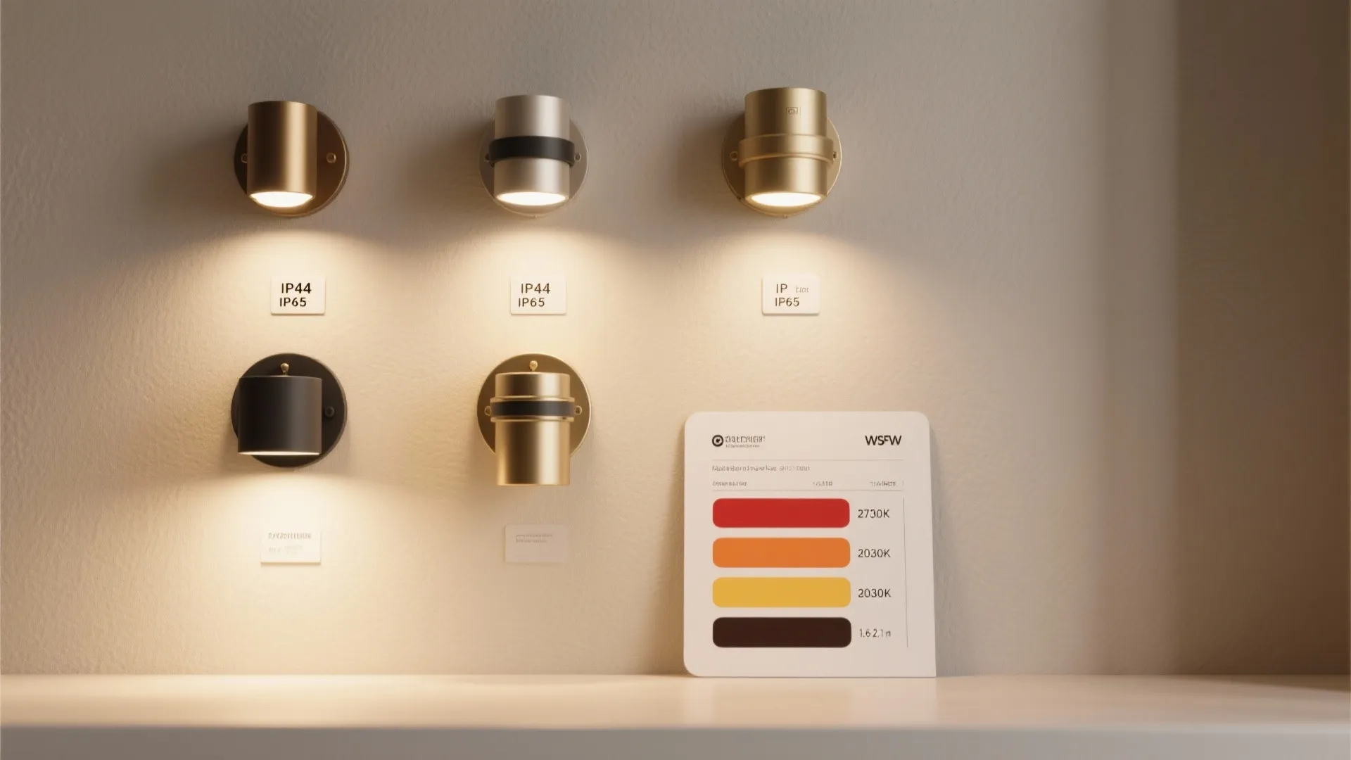 Collection of sconce samples, IP rating labels and color temperature swatches with mounting height notes
