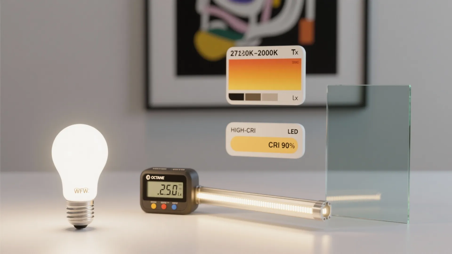 Light fixture testing equipment with bright light bulb glass panel and digital color temperature display