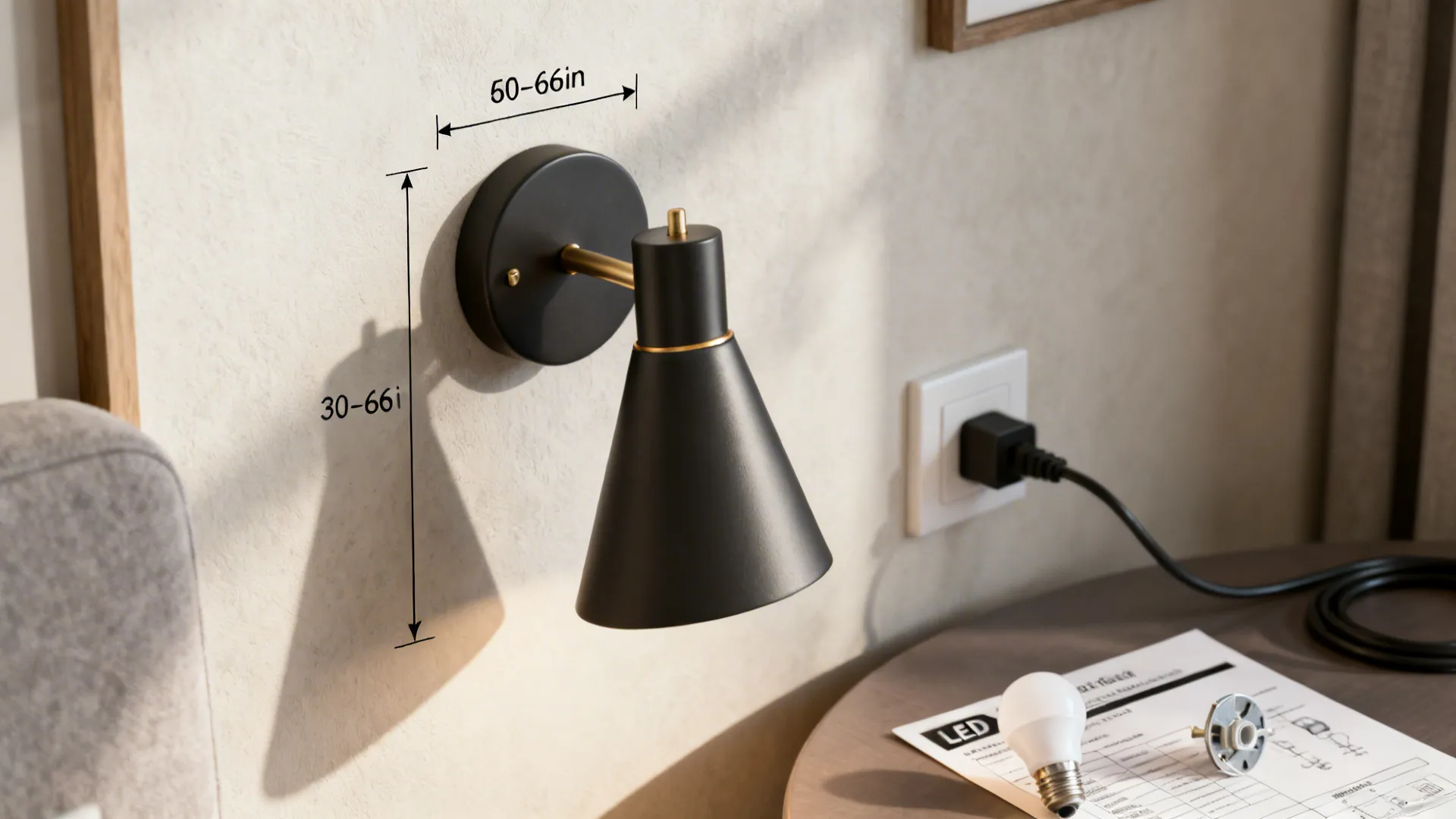 Wall sample setup showing recommended mounting height, plug-in option, LED specs and fixture sample.