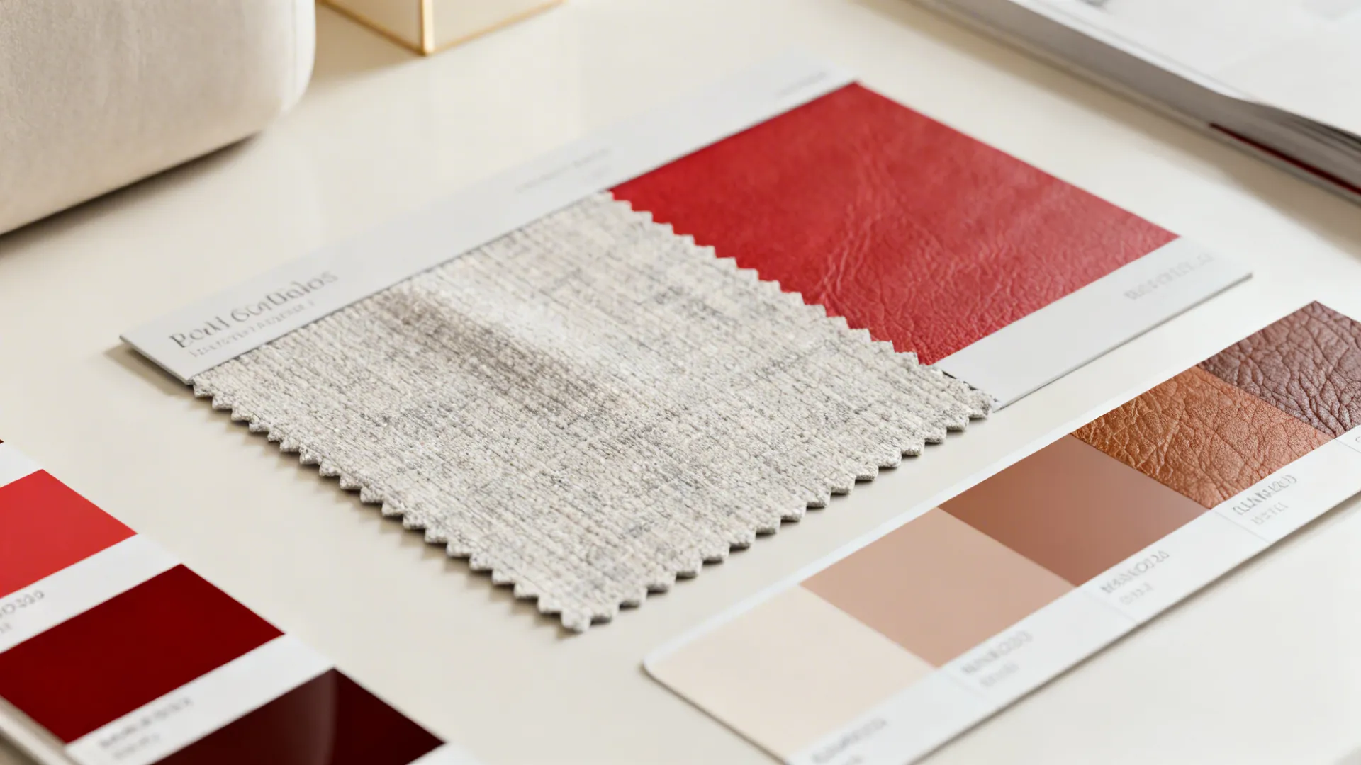Close-up of lighting and fabric samples illustrating warm white lighting and red-brown pairings.
