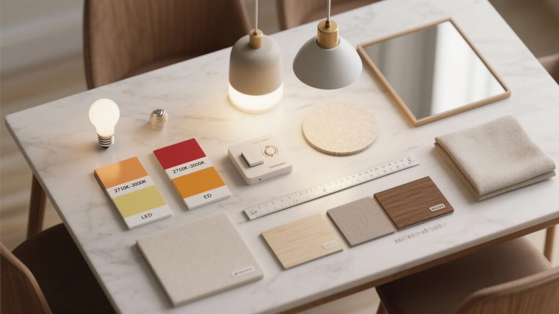 Interior design material board on marble table with light swatches wood samples and ceiling light