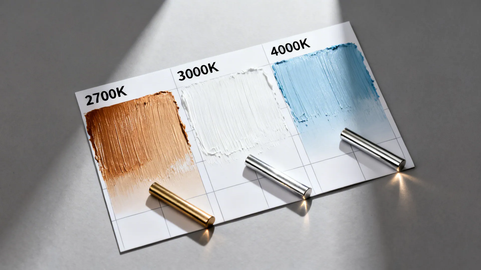 Macro of paint swatches under different bulb temperatures with brass and chrome samples.