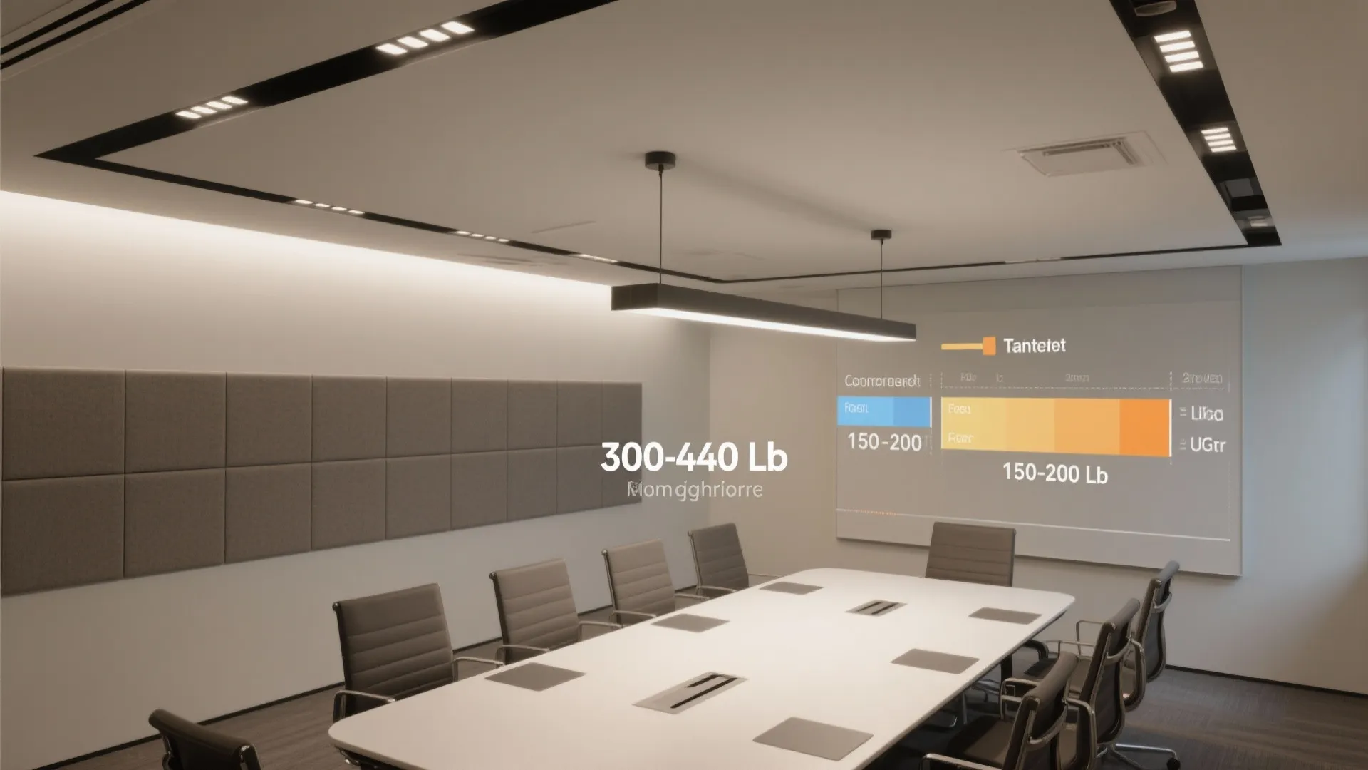 Top-down scene highlighting illuminance targets and fixture types in a conference room.