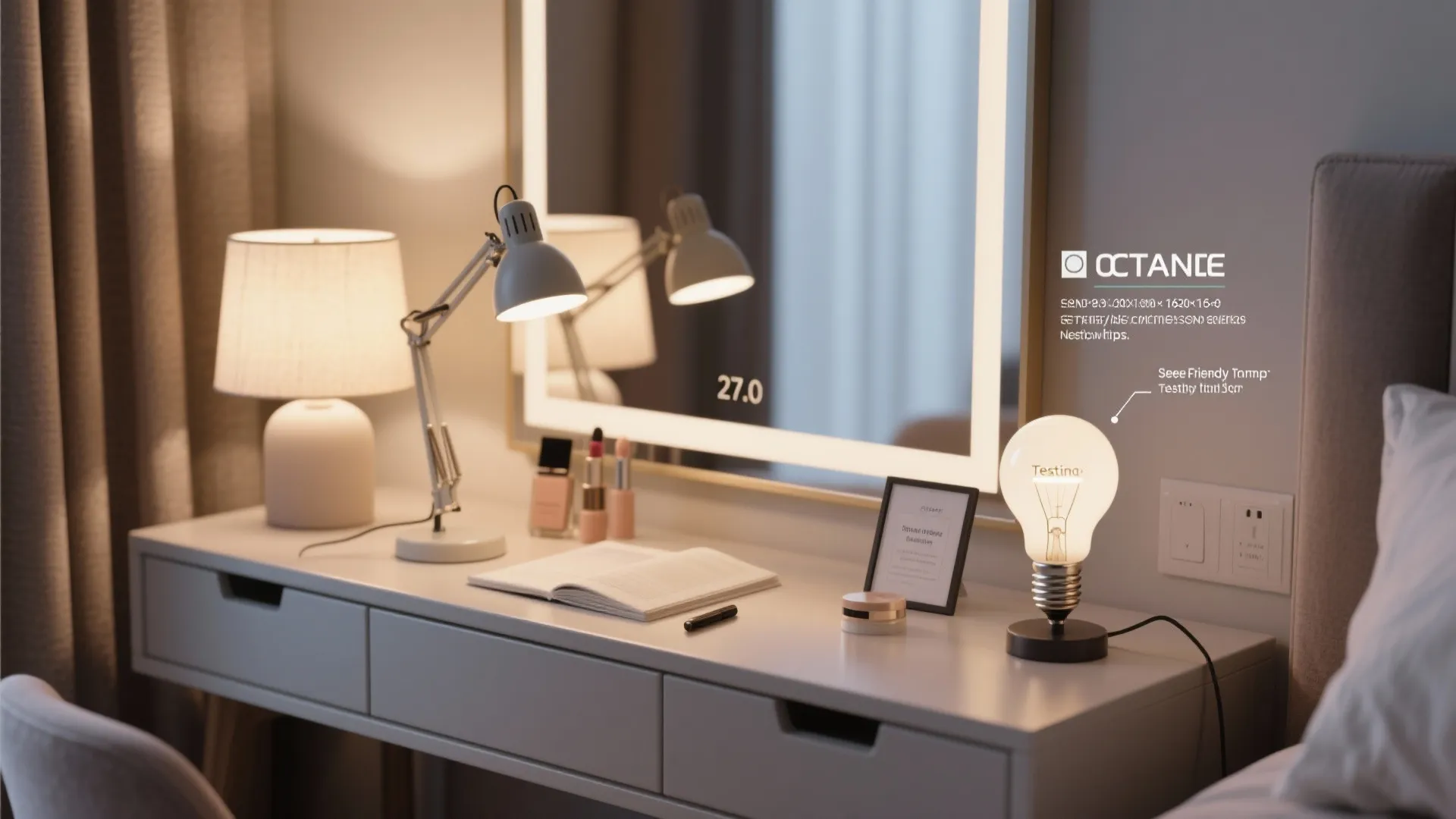 White dressing table with lighted mirror desk lamp and light bulb for testing various indoor lighting